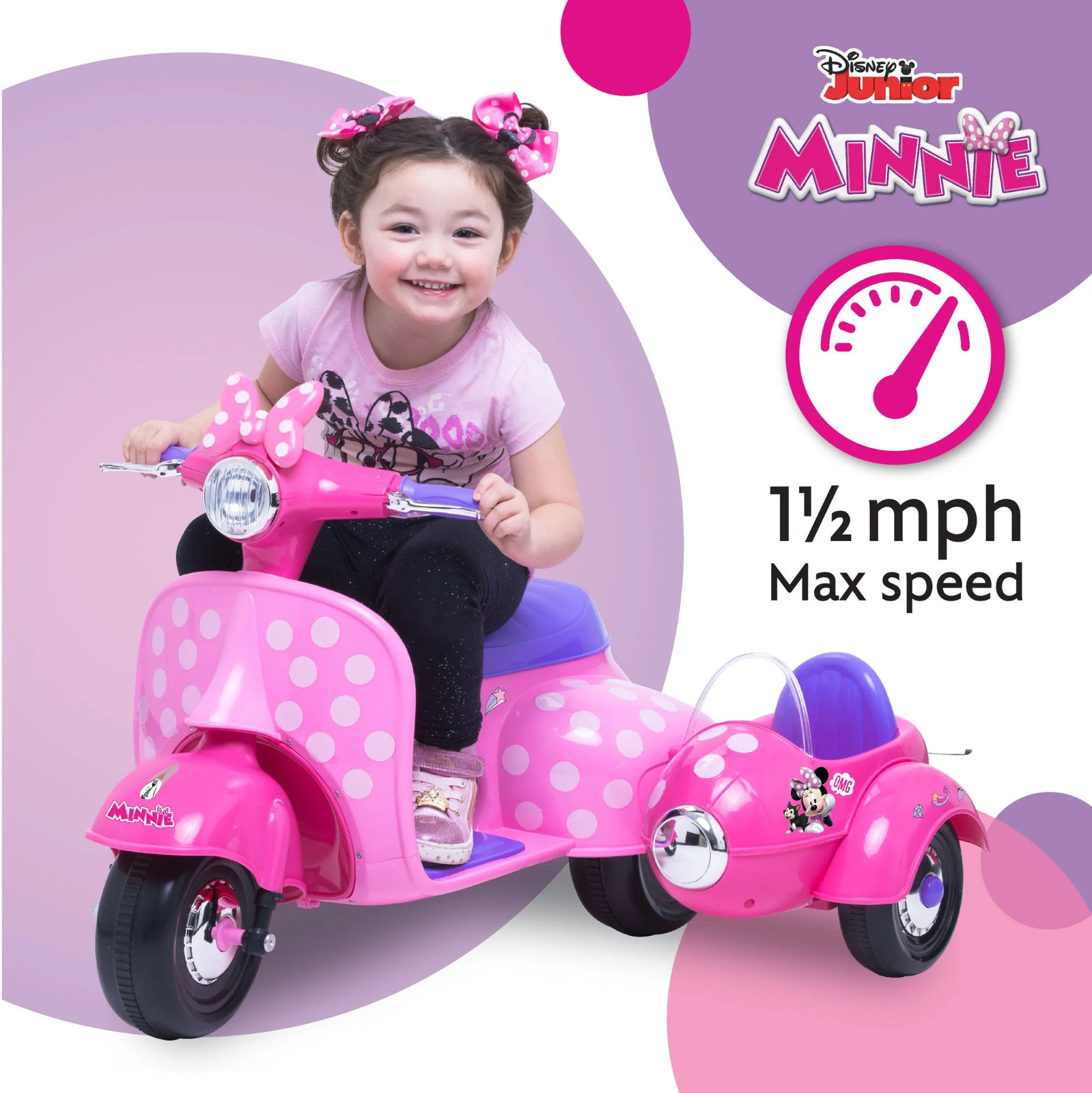 Kids Ride On Toy Disney Minnie Mouse Scooter Sidecar Pink 6V Battery Powered