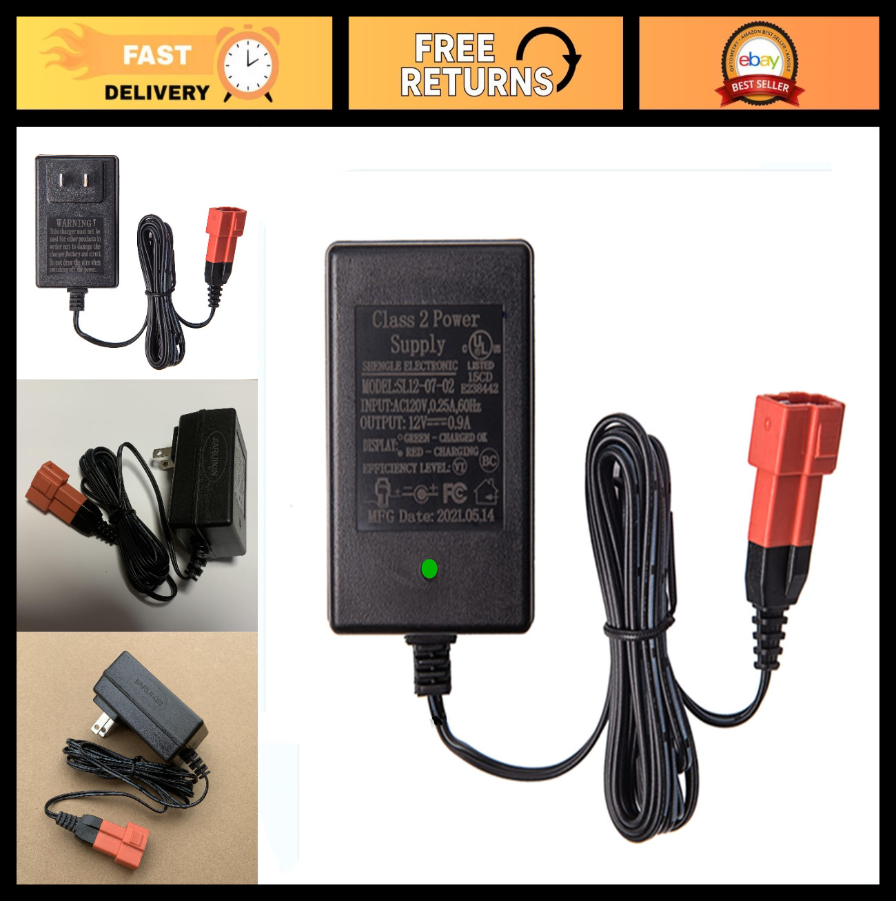 12V Battery Charger for Kids Ride-On Cars, Electric Toy Power Adapter, Square Pl