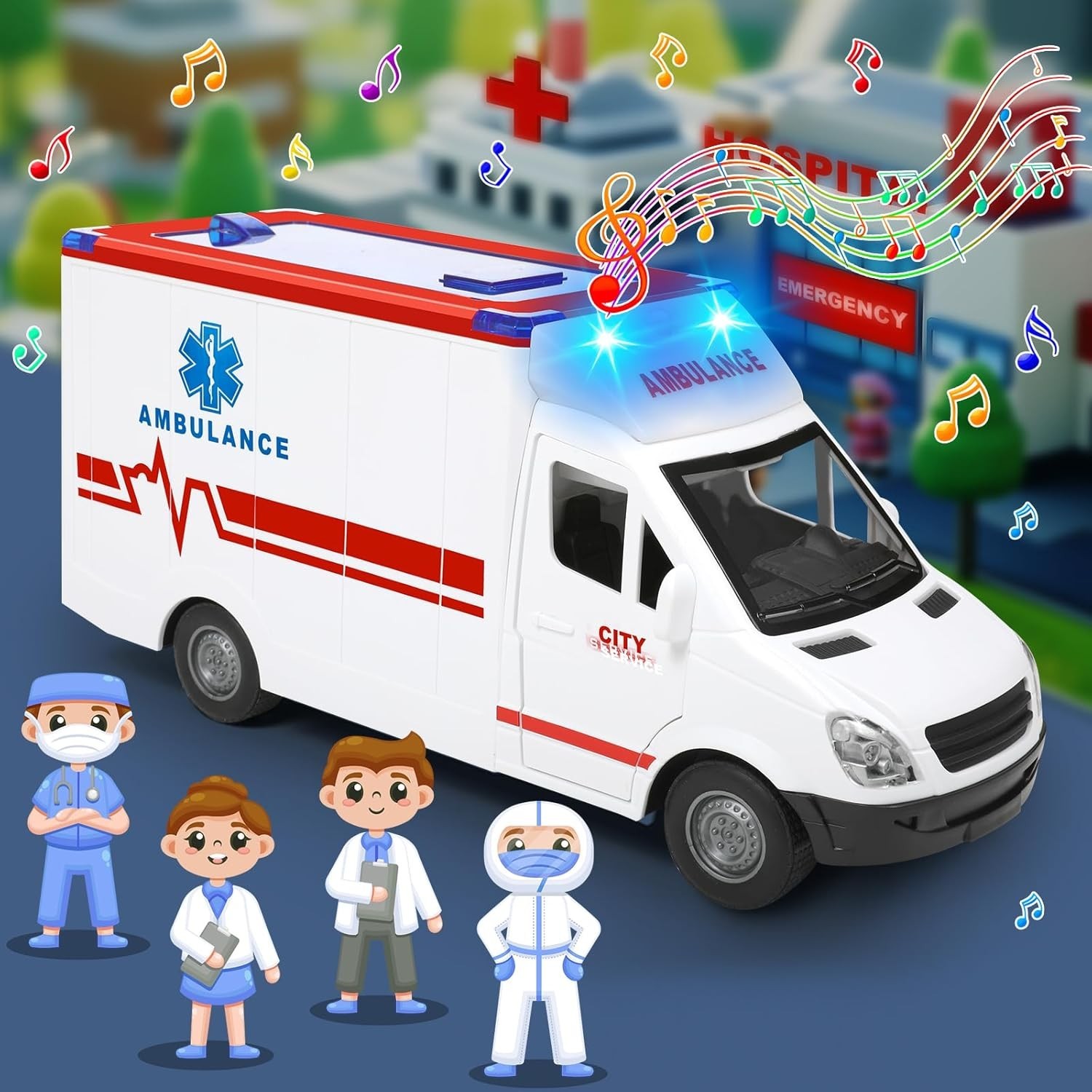 Friction-Powered Ambulance Toy with 4 Flashing Lights & Sounds – Safe for Kids