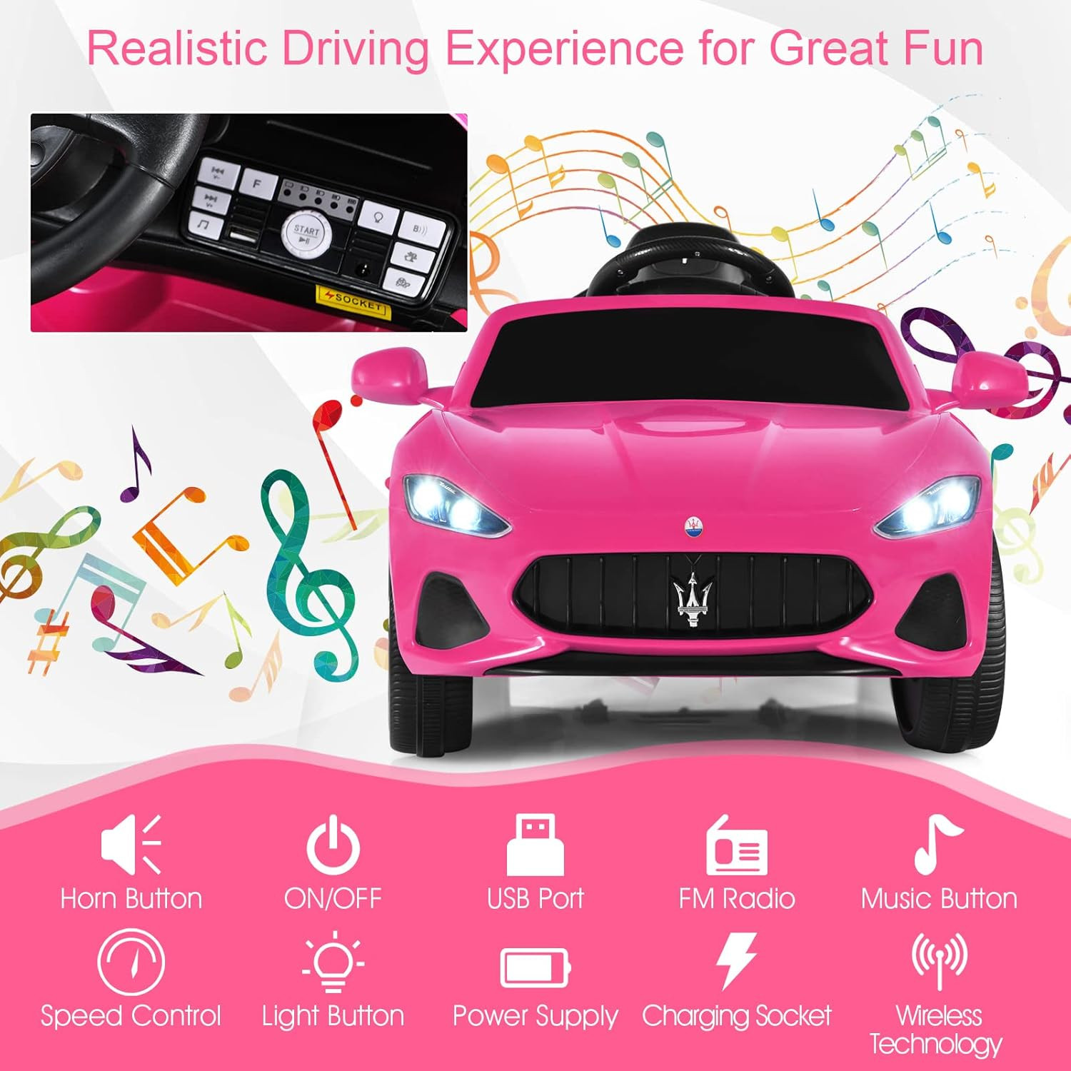 12V Kids Ride on Car, Pink Licensed Maserati Gran Cabrio Electric Vehicle with R