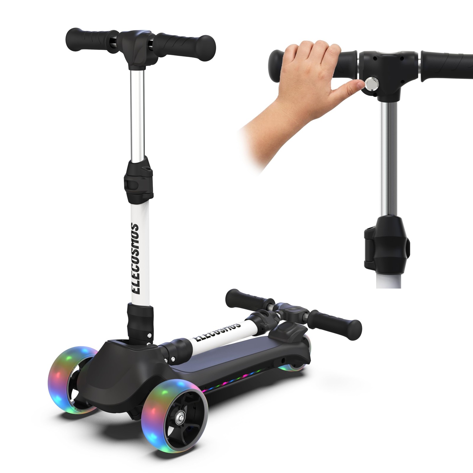 ELECOSMOS Electric Scooter for Kids Ages 5-8, 3 Extra Wide Light Up Wheels & …