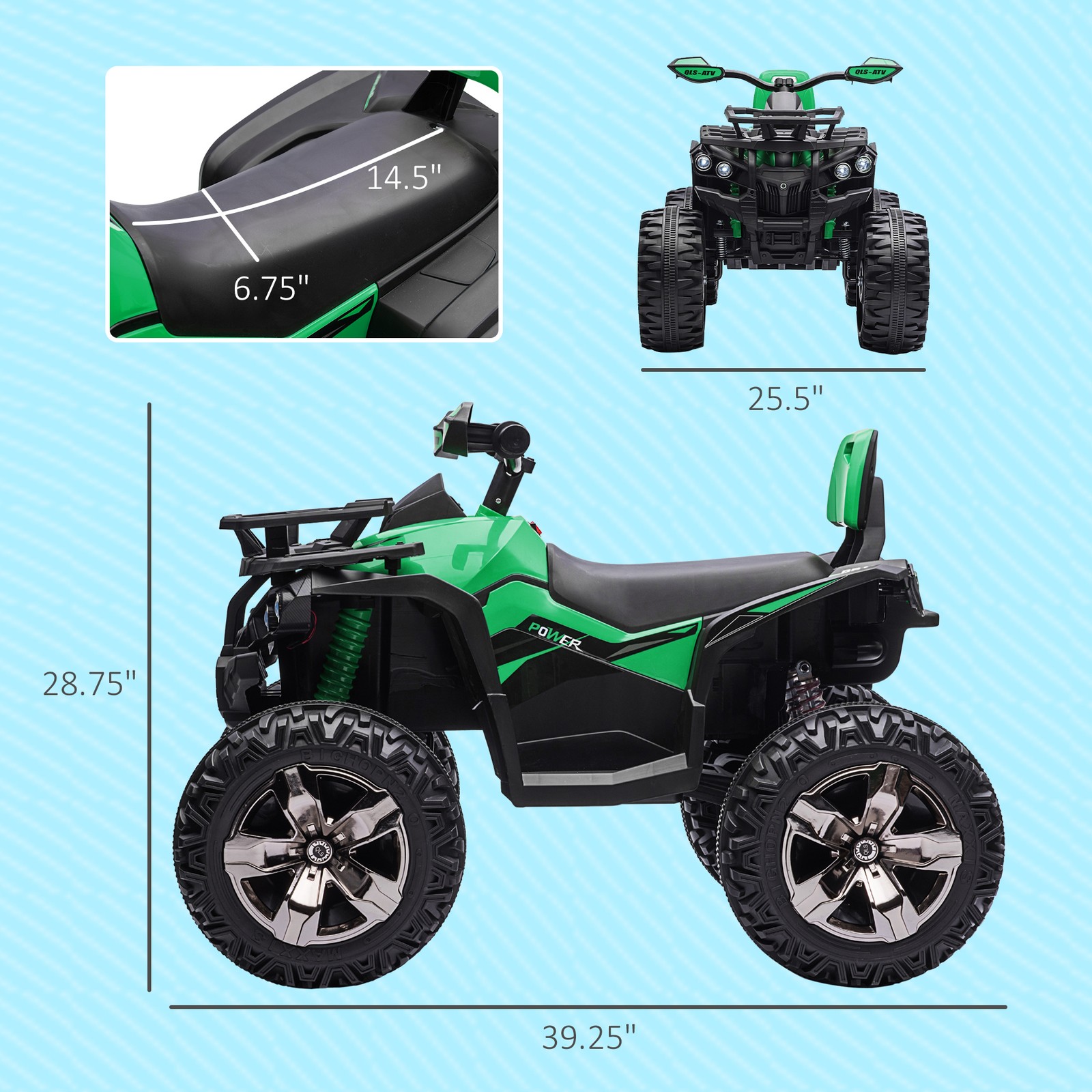 12V Kids ATV Quad Car Toy with Music & Headlights, Green