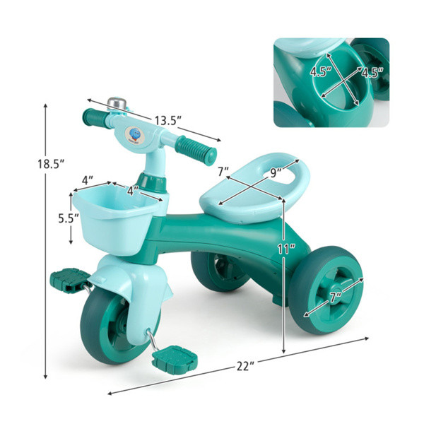 Kids Tricycle Ride With Storage Basket Bell Anti-Slip Pedal Stable 3-5 Years Old