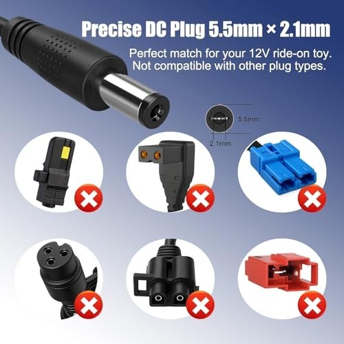 12V Ride On Toy Charger, 5.5mm x 2.1mm Round Plug, 6.6FT Cable | For 12V ride-on
