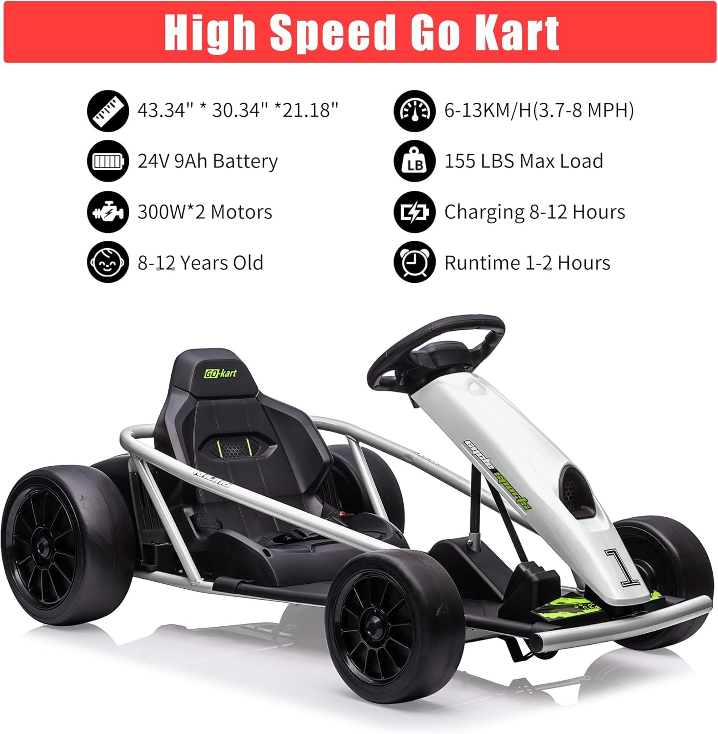 Electric Go Kart for Kids 24V Battery Dual Motors High Speed Outdoor Ride On Toy