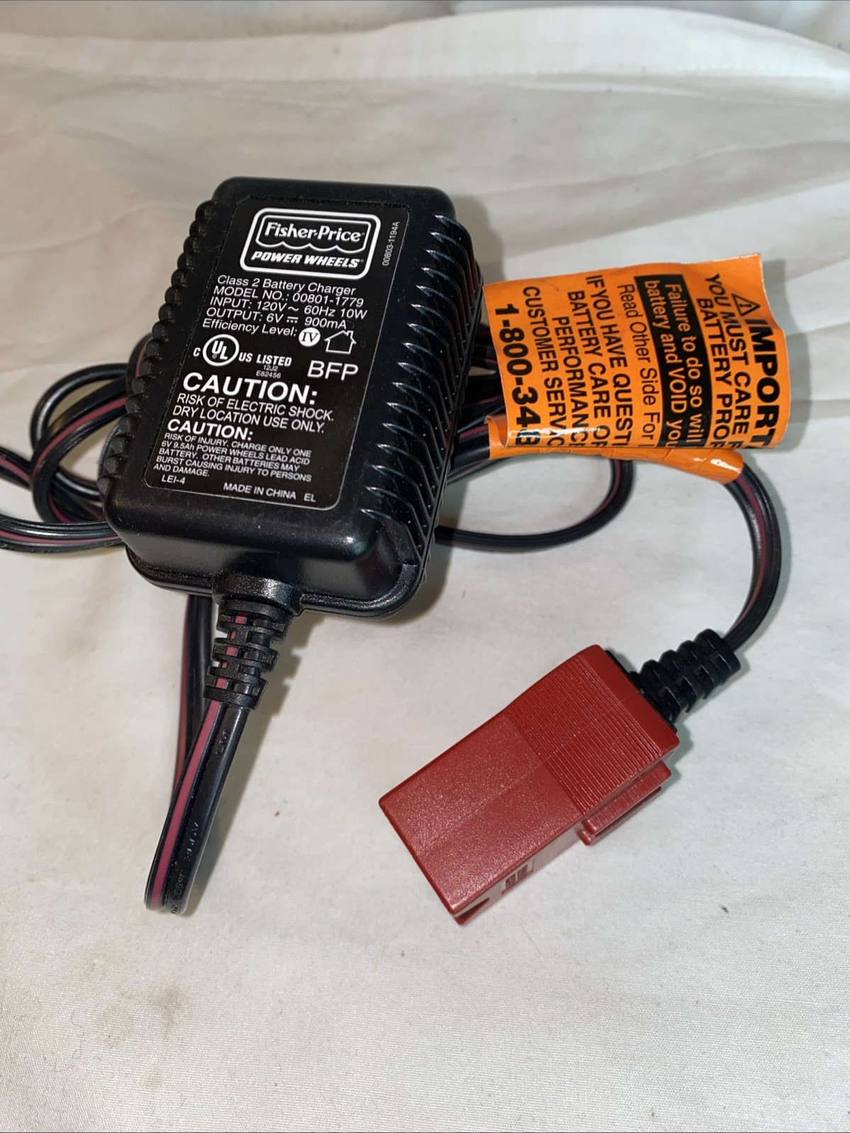 OEM FISHER-PRICE MODEL 00801-1779 POWER WHEELS CHARGING CABLE TESTED
