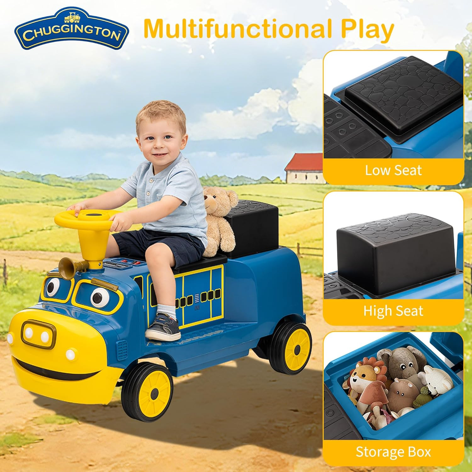 2 Seater Ride on Train Trackless, 12V Kids Ride on Toy with Height Adjustable Se