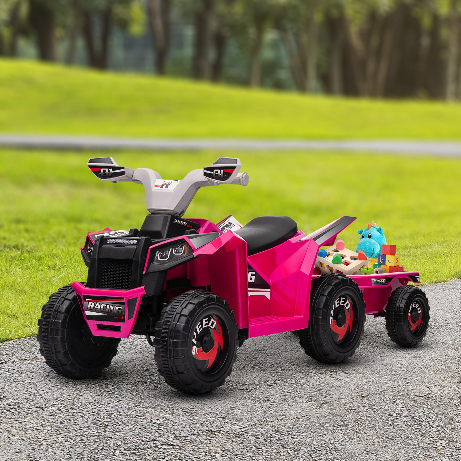 6V Kids ATV Quad Car with Back Trailer, Forward Backward Pink