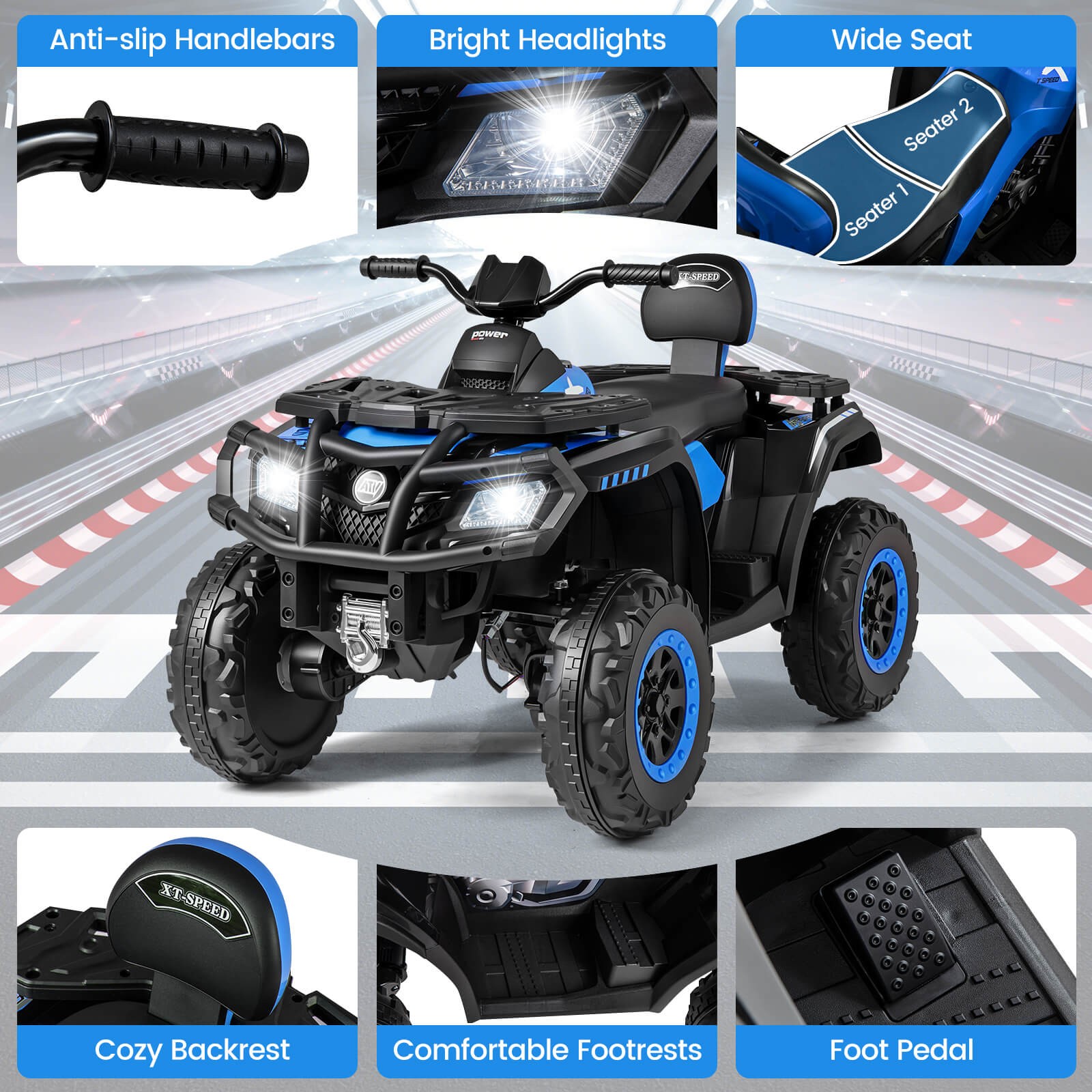 24V 2-Seater 4-Wheeler Quad Electric Vehicle w/ 4 Motors, Soft Start LED Lights
