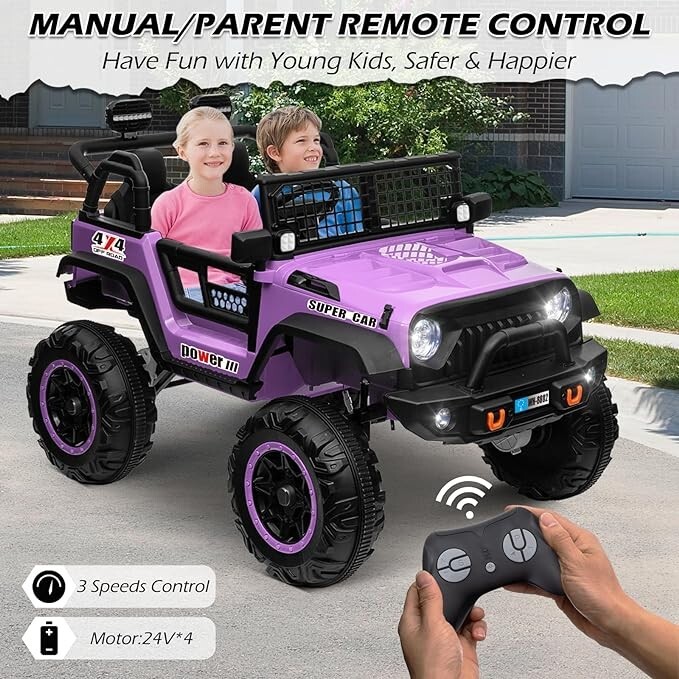 ZEOPHOL Ride on Car 24V 4WD/2WD Switchable 2 Seater Kids Electric Truck Purple