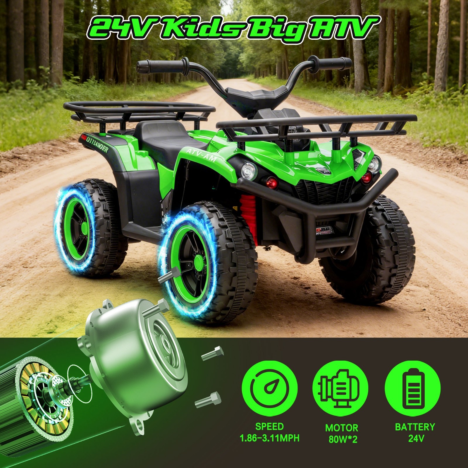 24V Kids Ride On ATV, 160W Off-Road Toys w/LED, Dual Storage Racks, Green
