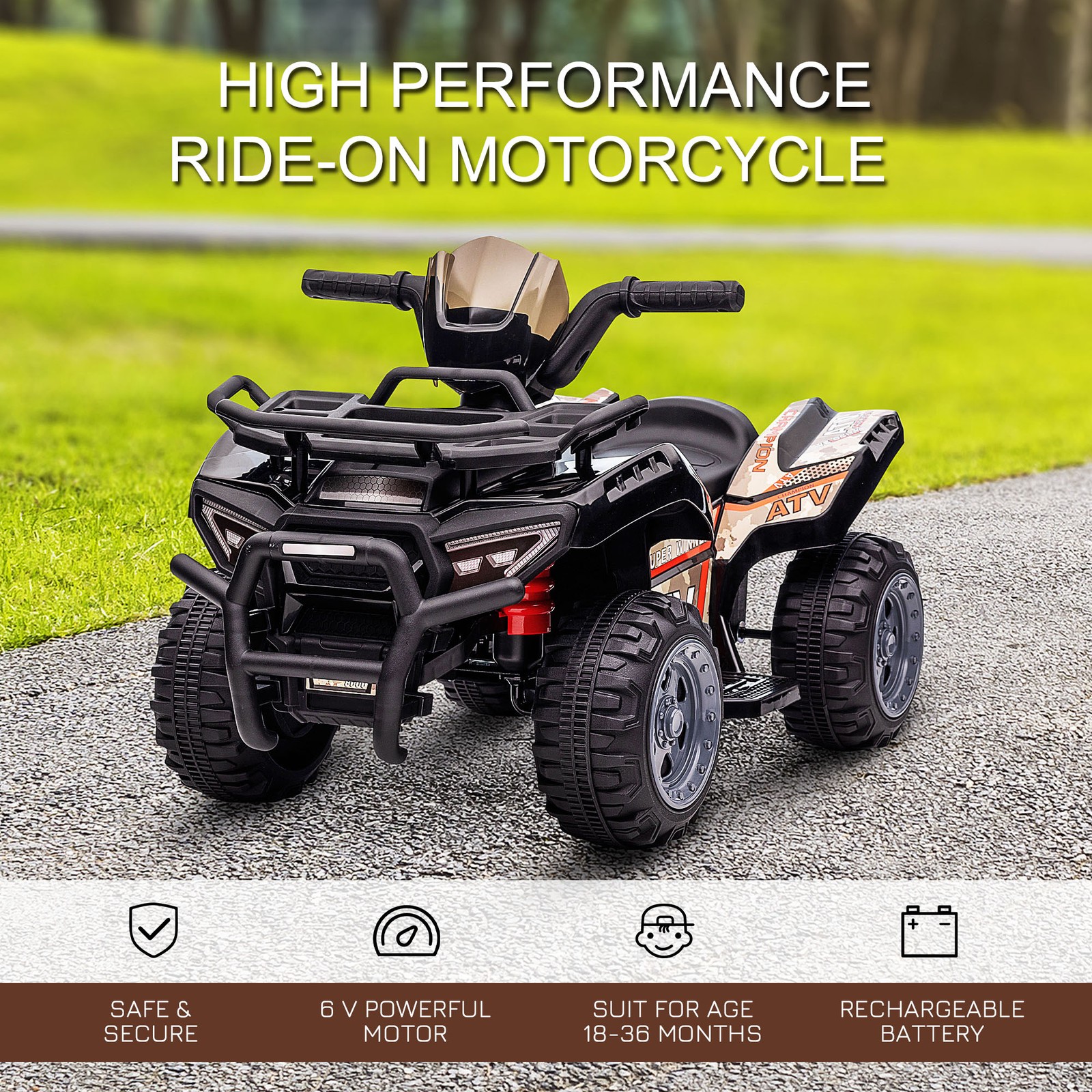 Kids Ride-on Electric Four Wheeler ATV, Quad with Music, Black