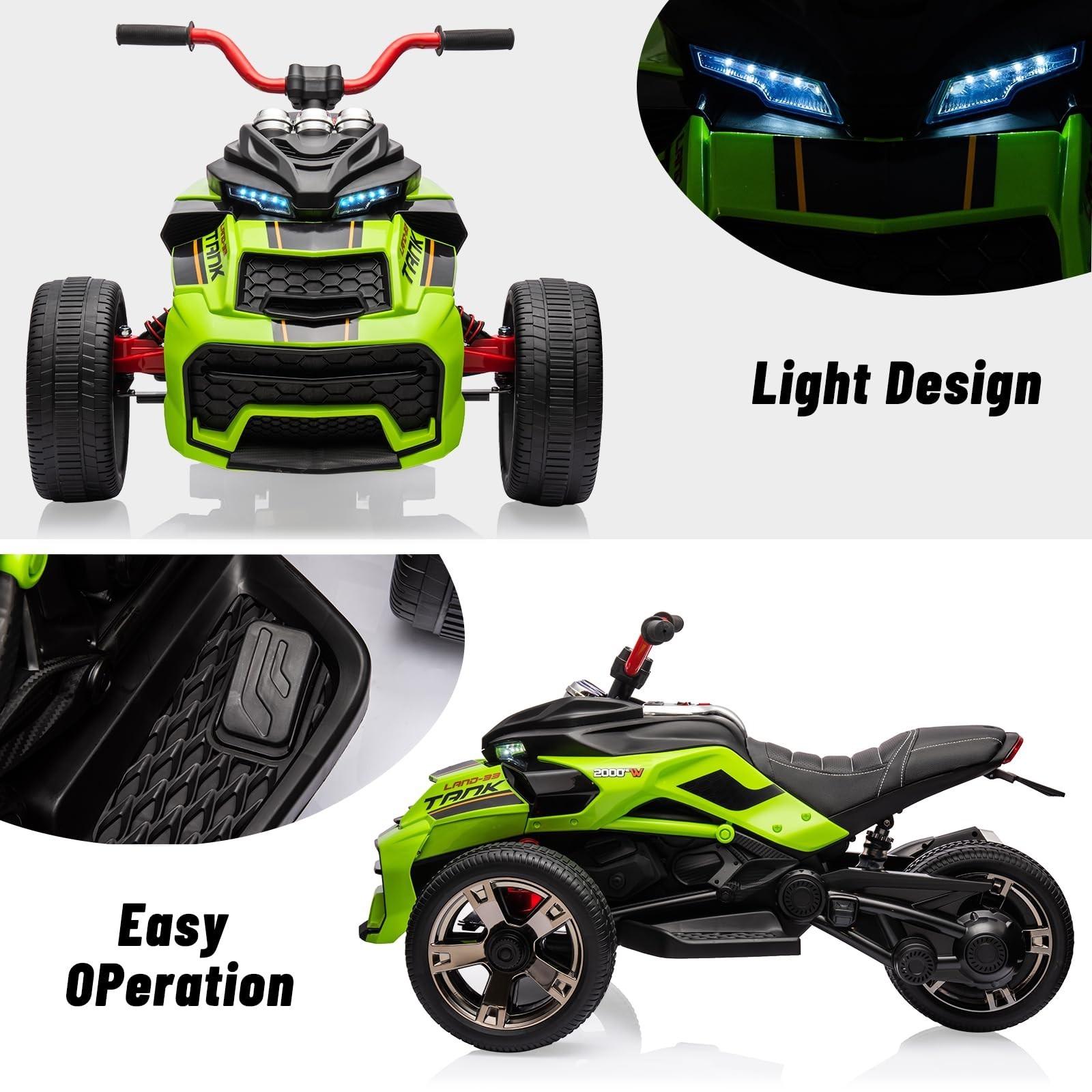 12V Ride On Battery Powered Kids Car 3 Wheeler ATV Electric Car Toy MP3 Green