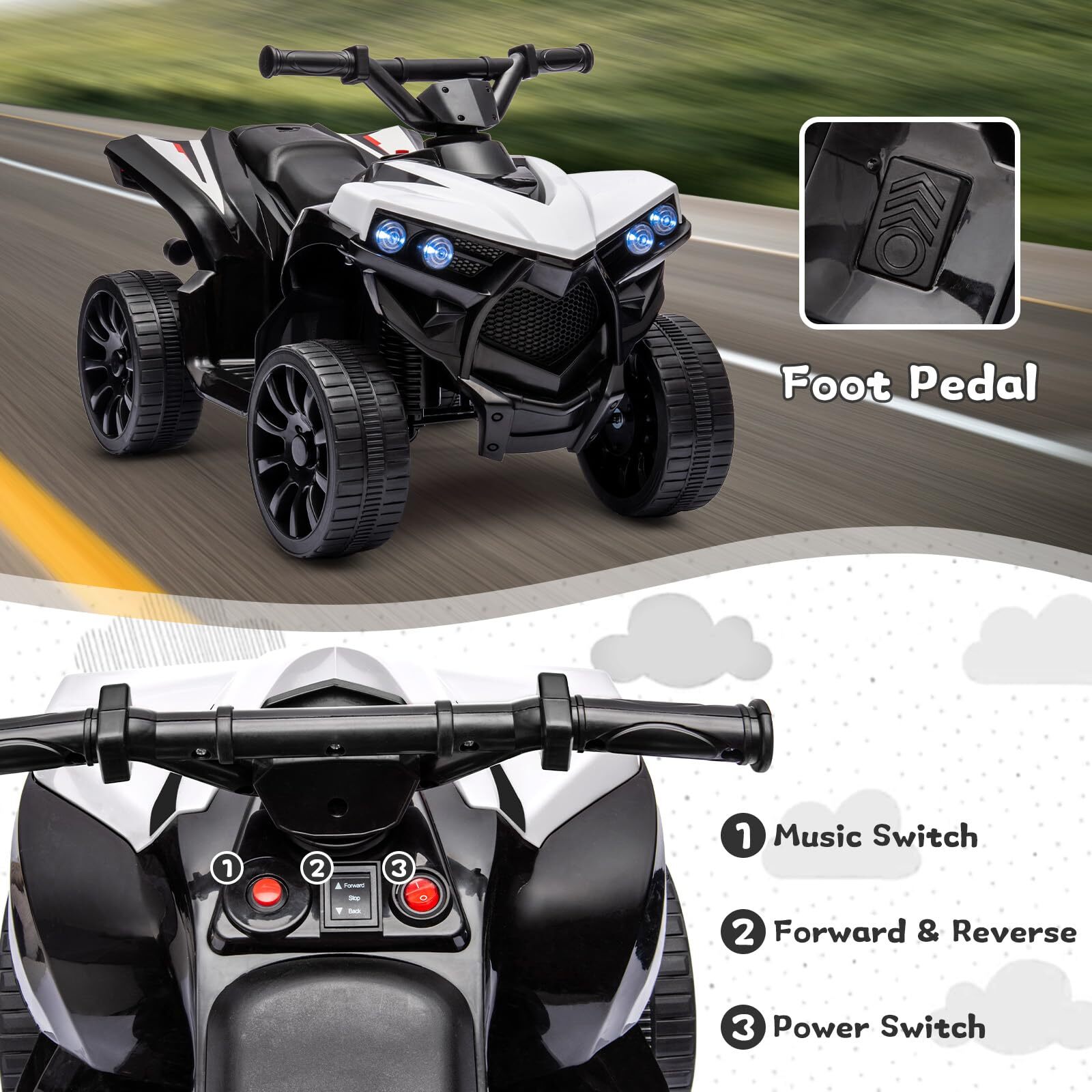 6V ATV Kids Ride on Quad Car Toy with LED Lights for Kids Toddler 3+ Years Old