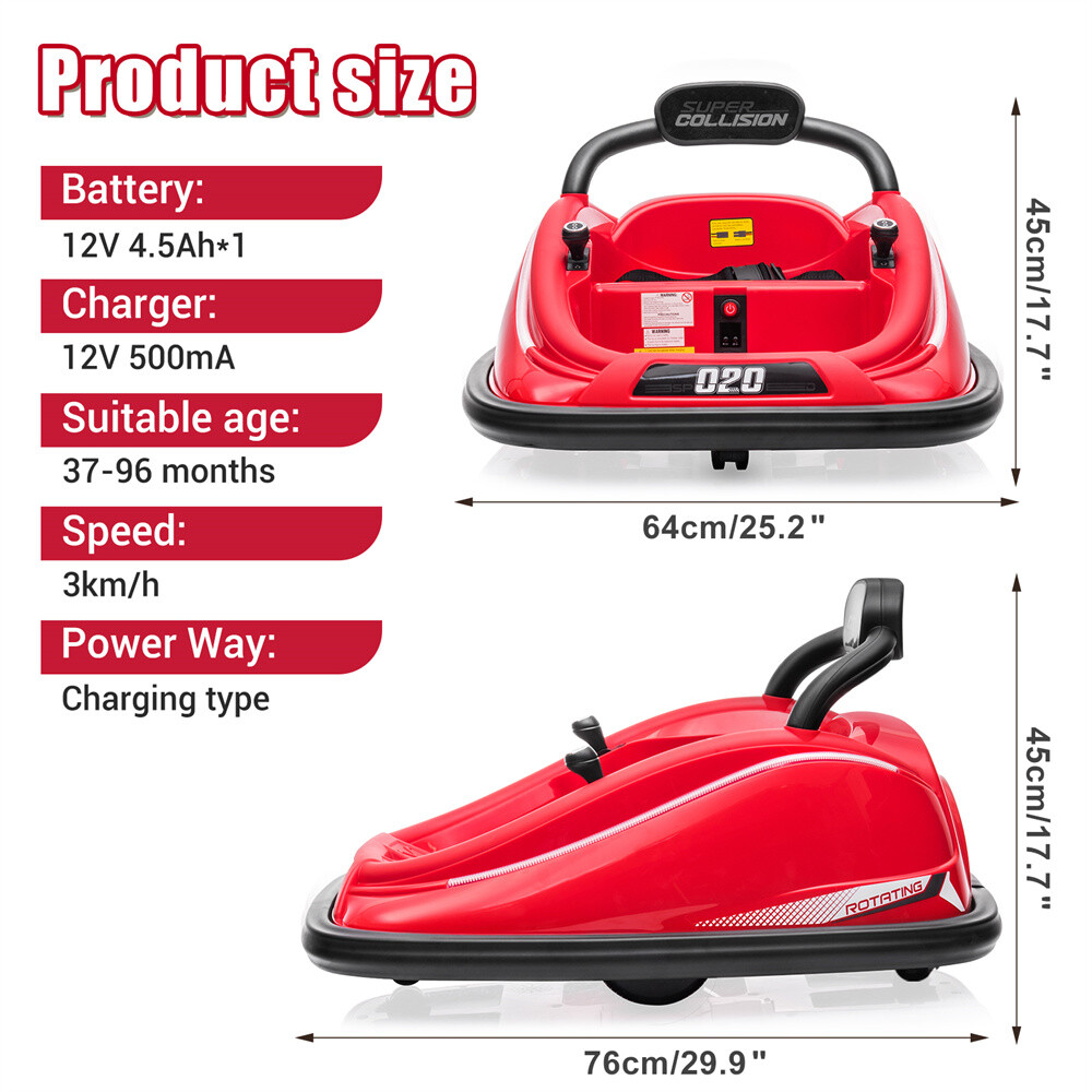 12V Kids Ride On Car Bumper Electric 360° Spin Vehicle Toy Parent Remote Control