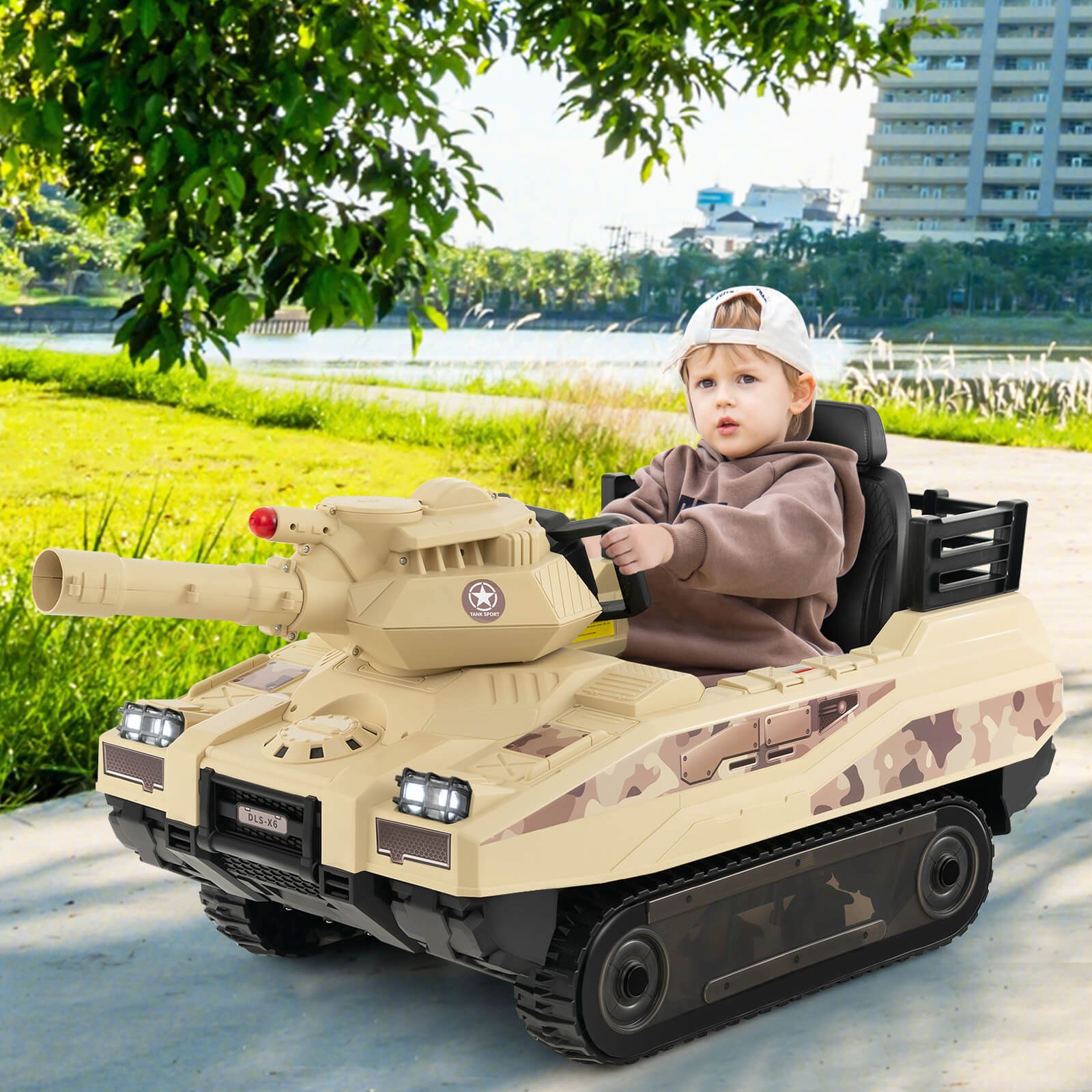 Electric Kids Ride On Tank with Rubber Tracks Rotatable Turret & Working Cannon