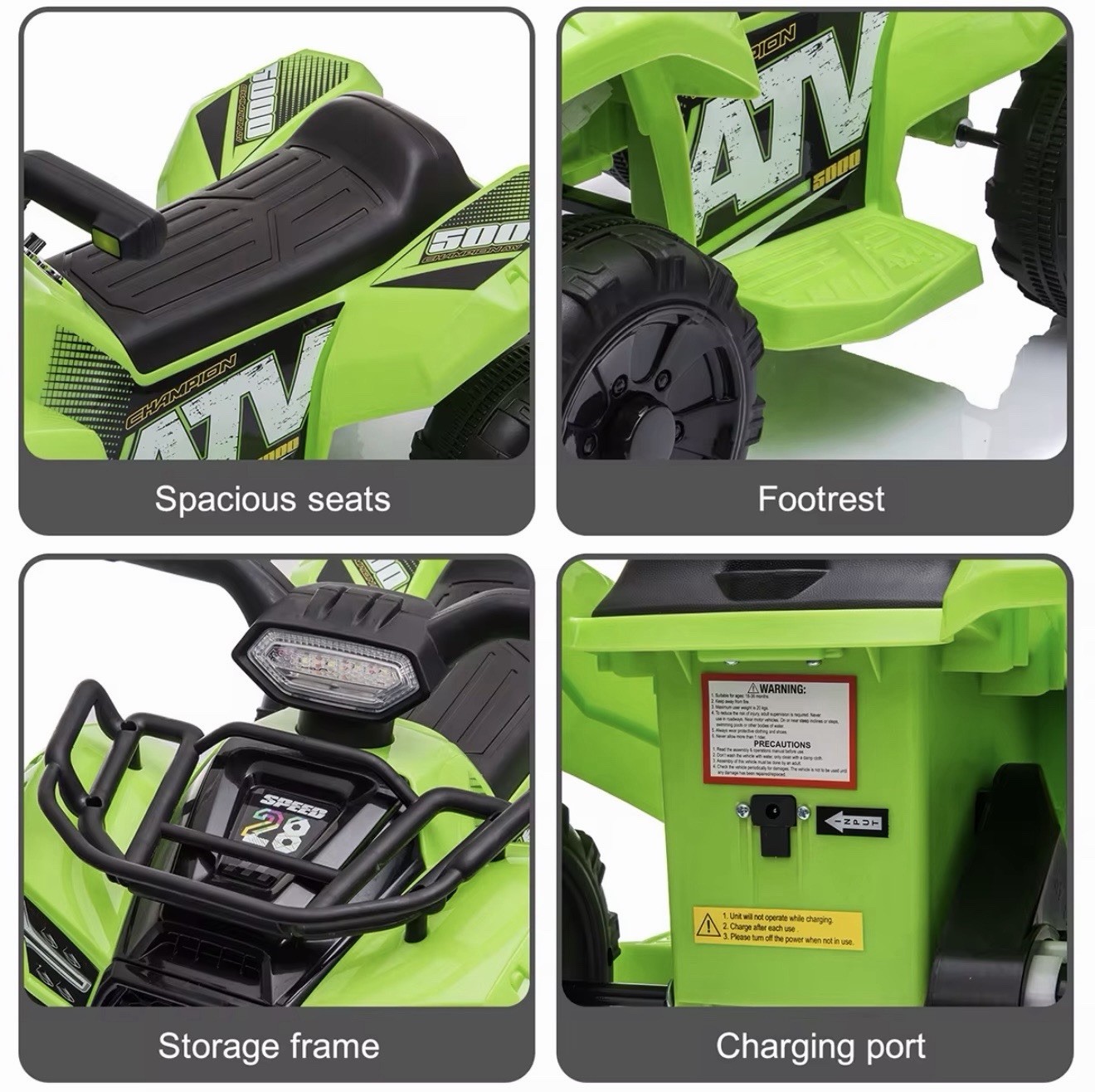 Green 12V Battery Operated ATV Ride-On Toy for Kids 1-3 Years, LED Headlamp