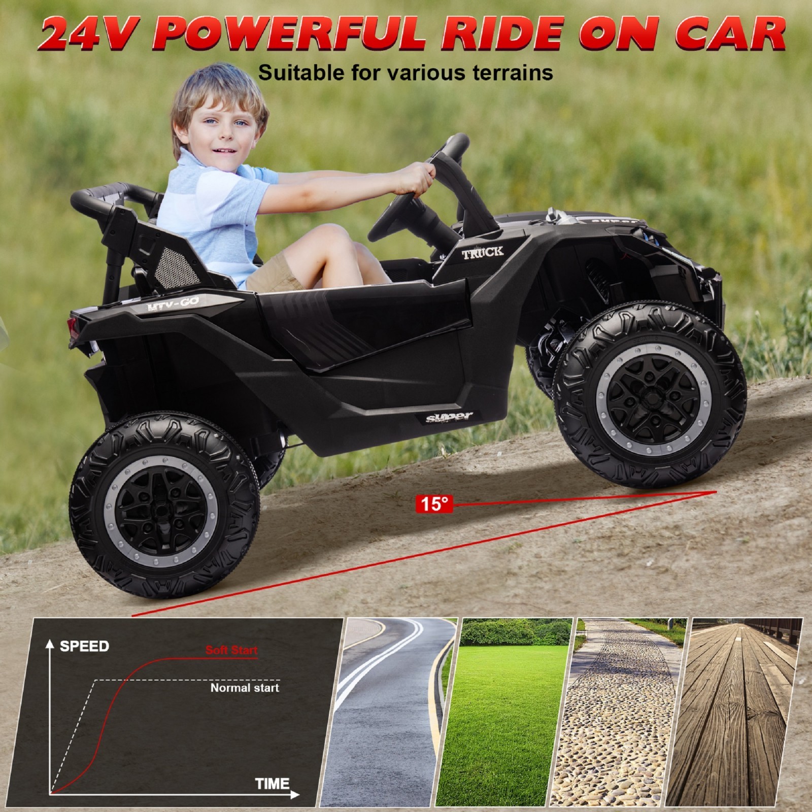24V Kids Ride On UTV Green, 2 Seater Battery Powered Ride On Car
