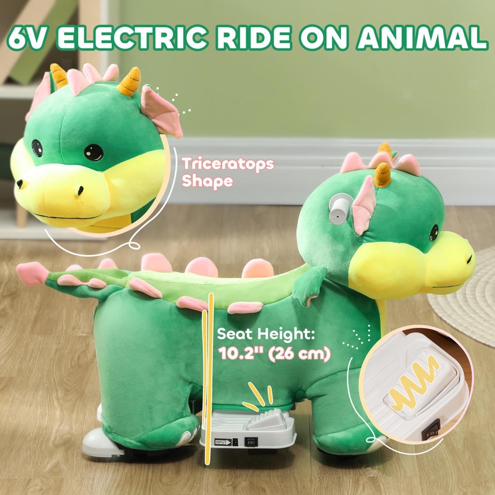 Green Animal Car 6V Kids Electric Ride on Triceratops Toy Music PU Wheels Riding