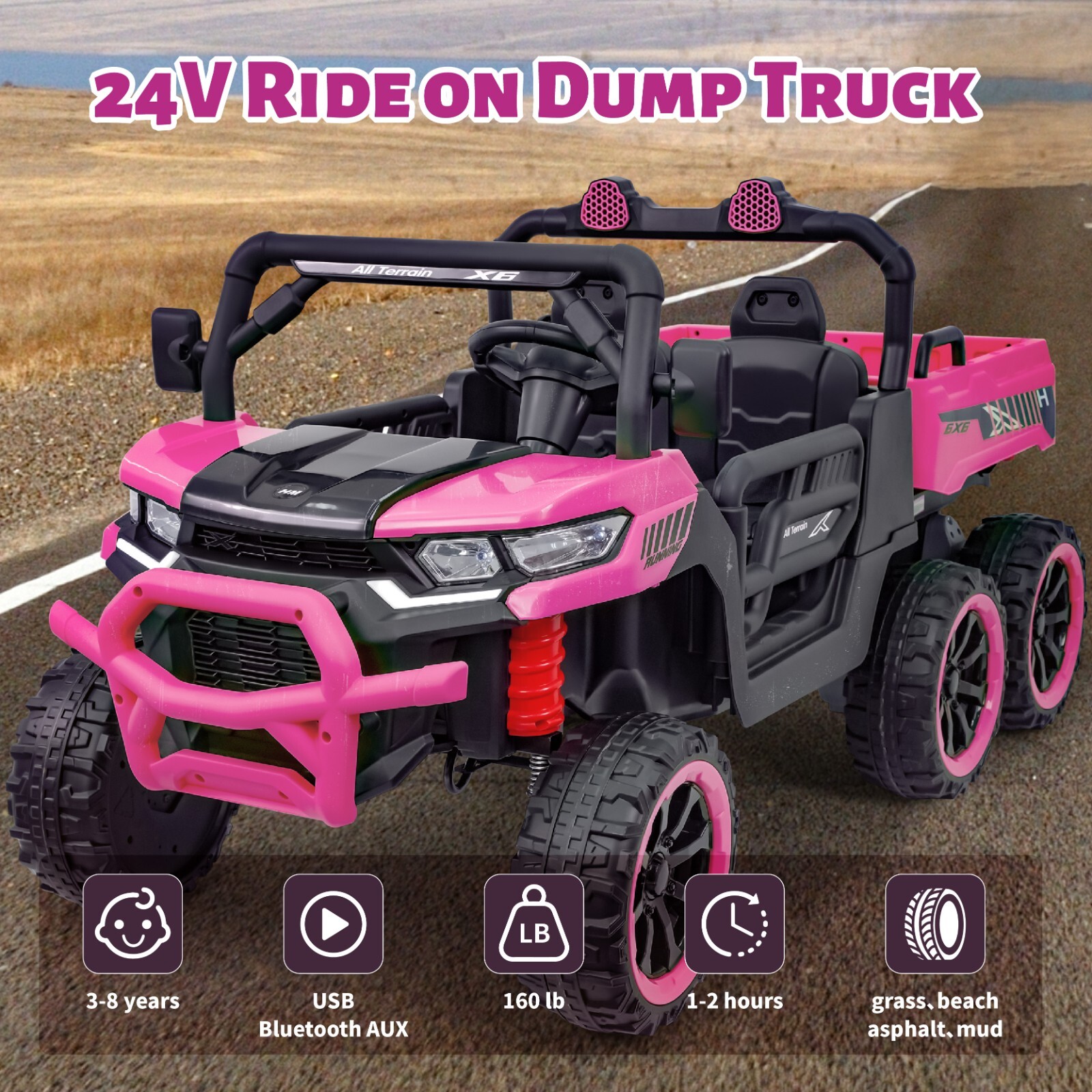 Pink Kids 2 Seater Ride on Car 24V Electric Dump Truck 4WD UTV w/Parental Remote