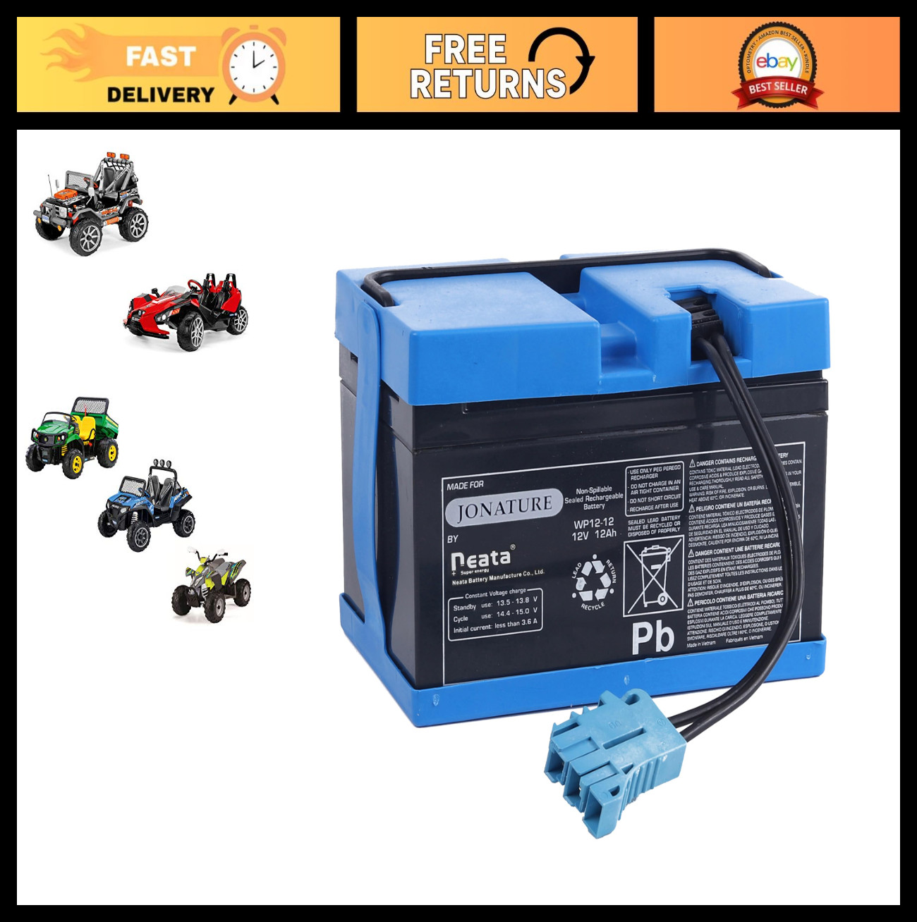 12V 12Ah Battery for Utility Trucks, Polaris RZR, John Deere Gator, Ride-on Cars