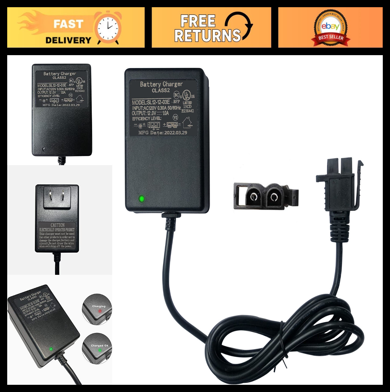 12V Battery Charger for Kids Ride-On Cars, Yamaha Raptor, Toyota FJ Cruiser, Ele