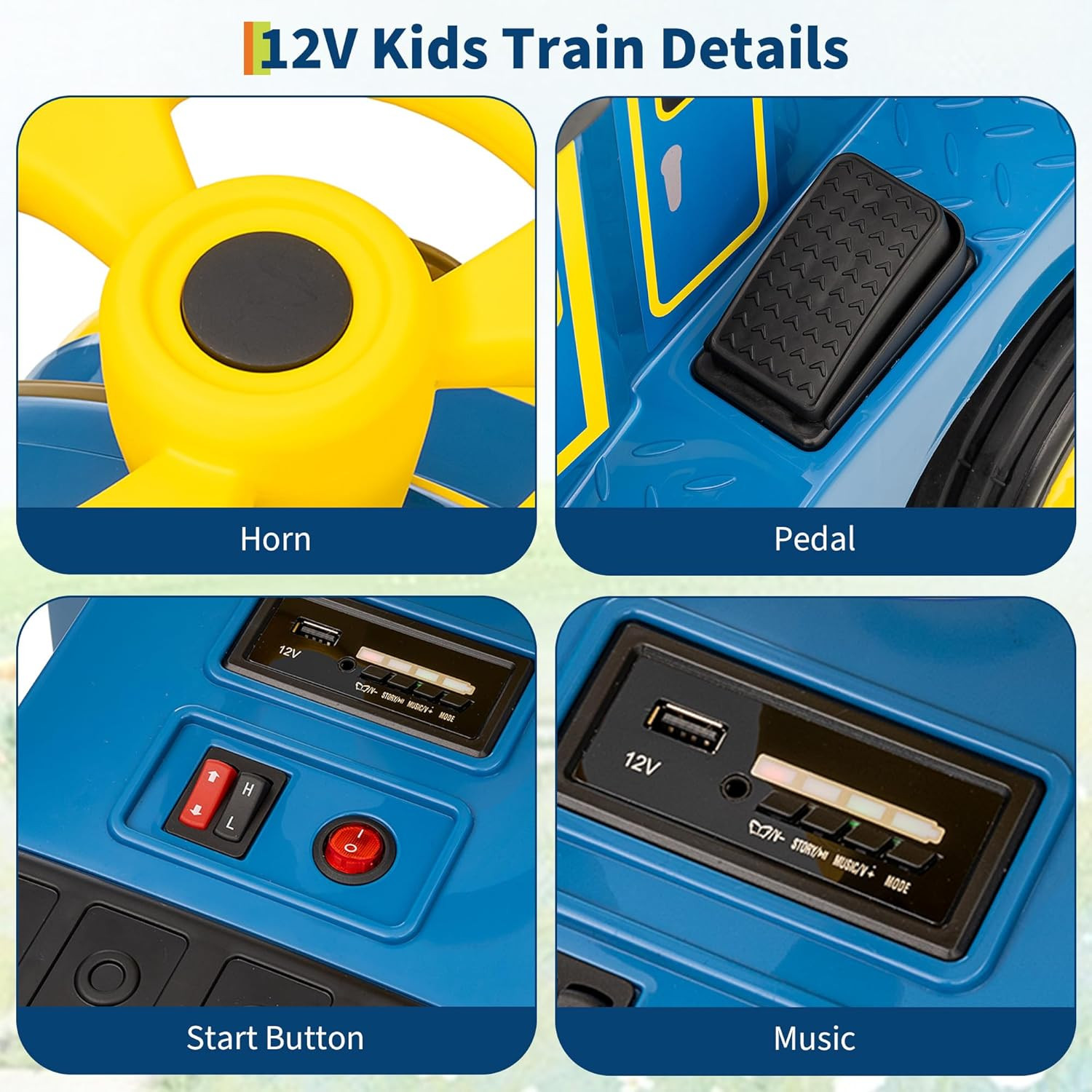Blue/Red 2-Seater Ride On Train 12V Kids Electric Car w/Music,Light,Honk,Storage