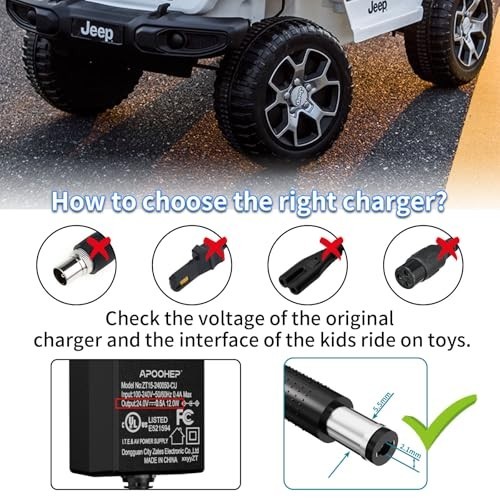 24V Battery Charger for Kids Ride-On Toys, Electric Cars, UL Certified, Safe Ind