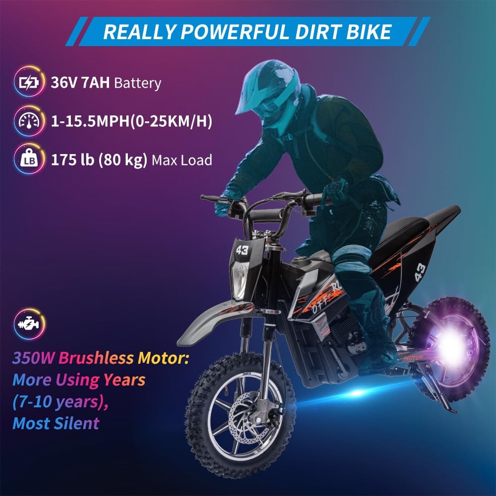 36V Electric Dirt Bike for Kids,Ride on Motorcycle 350W Motor Max Speed 15.5MPH