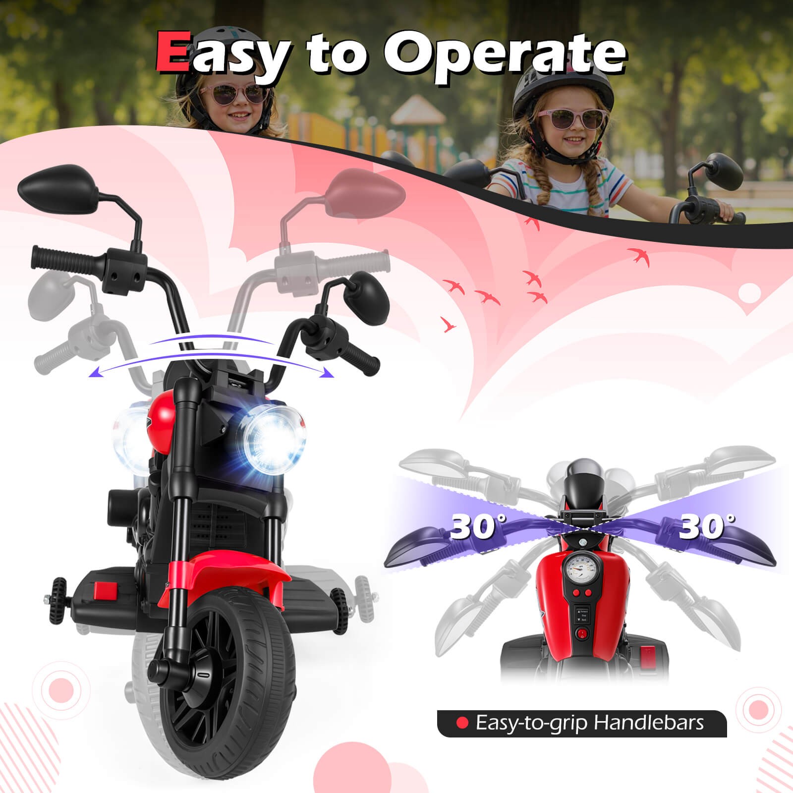 Kids Motorcycle w/Headlight, Music, Training Wheels, Foot Pedal for Boys Girls