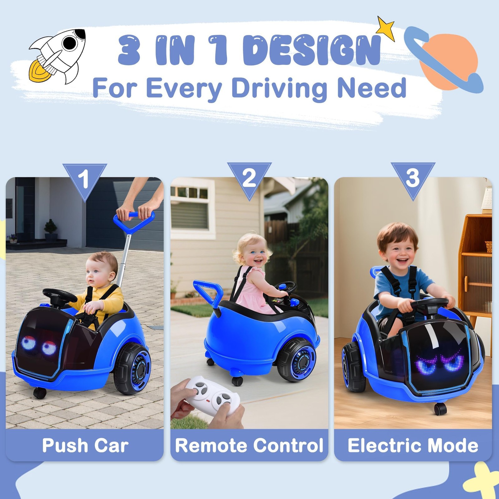 ANPABO 3-in-1 Electric Push Ride On Car, 12V Kids Ride On Toy w/Remote Contro…