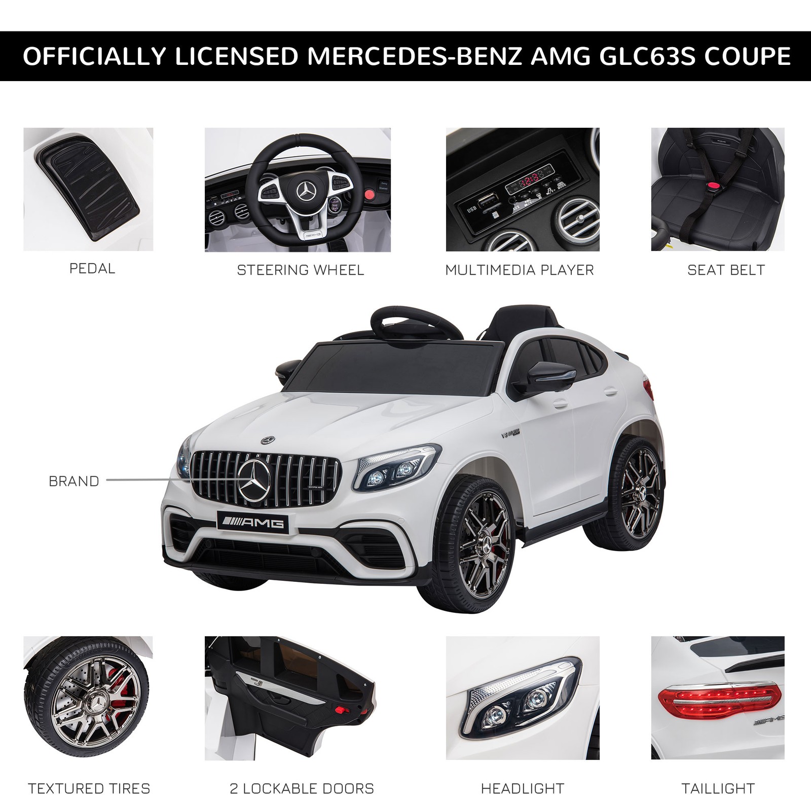 12V Ride On Toy Car for Kids with Remote Control, White