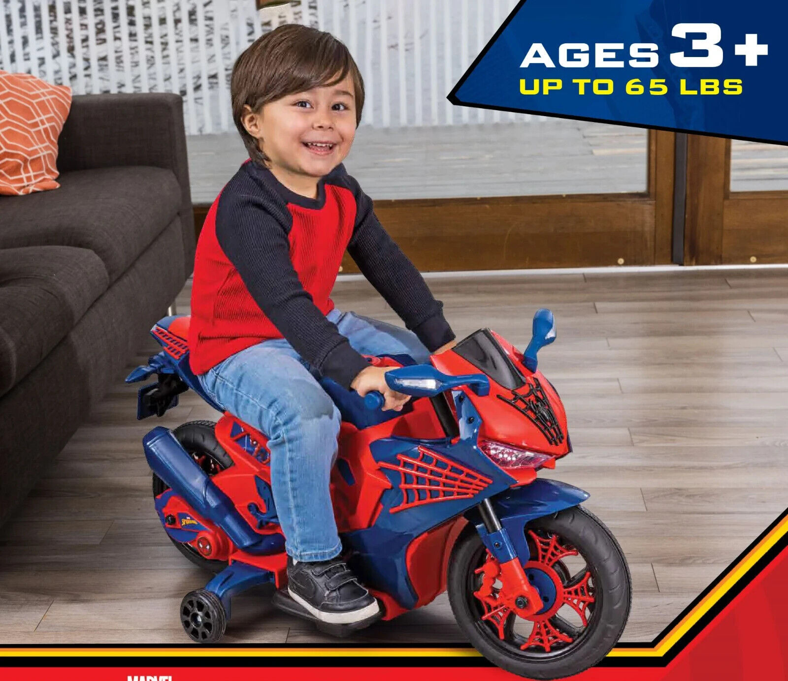 Spiderman Motorcycle Ride On for Kids 6v Lights Sounds Training Wheels Toy Play