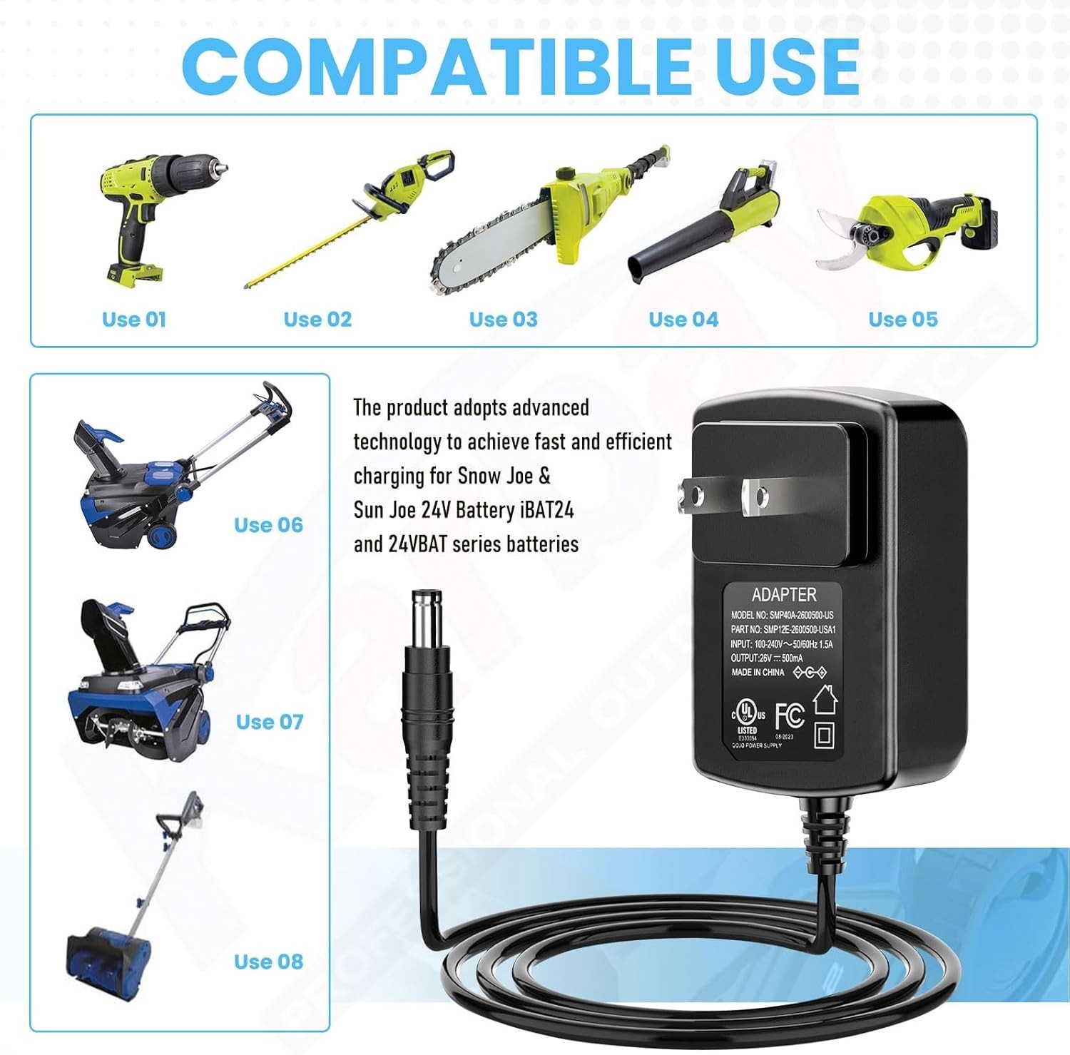 24V iON+ Fast Charger for Snow Joe & Sun Joe 24V Batteries, Black