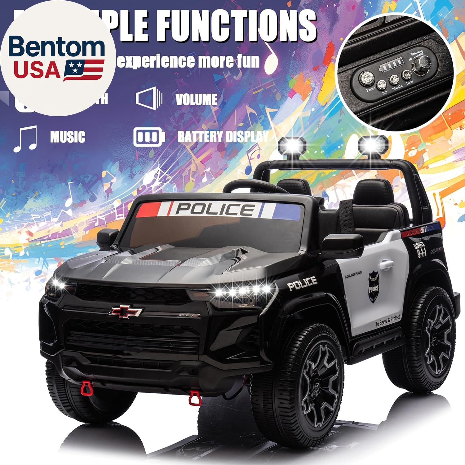 Police Car Ride On, 24V 4WD Kids Car Licensed Chevrolet Colorado, Toddler Car Ri