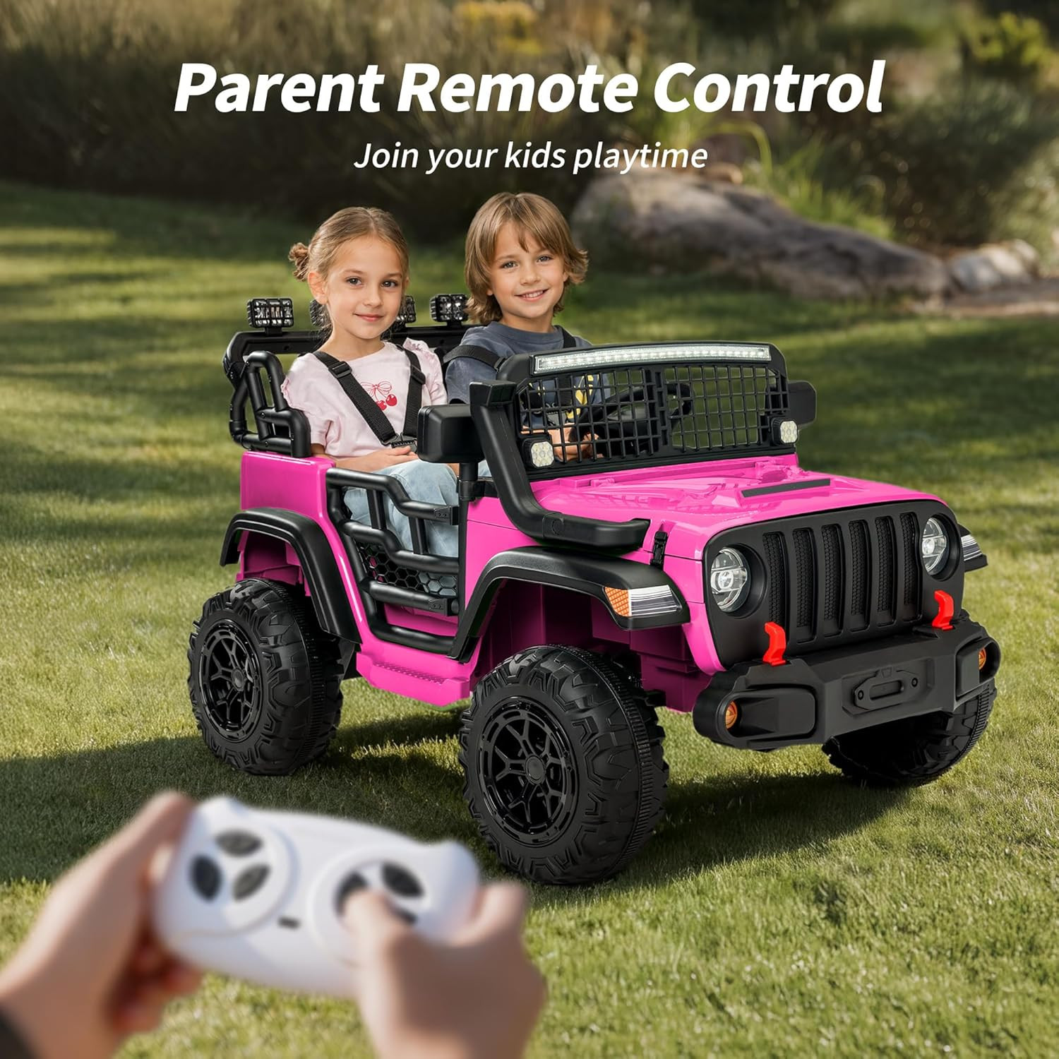 2 Seater Ride on Car Toy, 12V Electric Car for Kids 4-8 with Remote Control, Cap