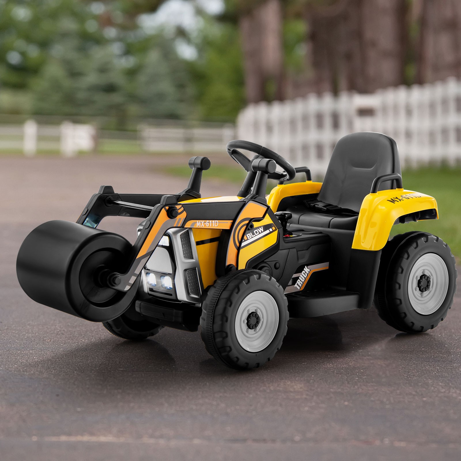 Kids Ride On Road Roller 12V Electric Tractor Remote w/ Music & LED Light Yellow