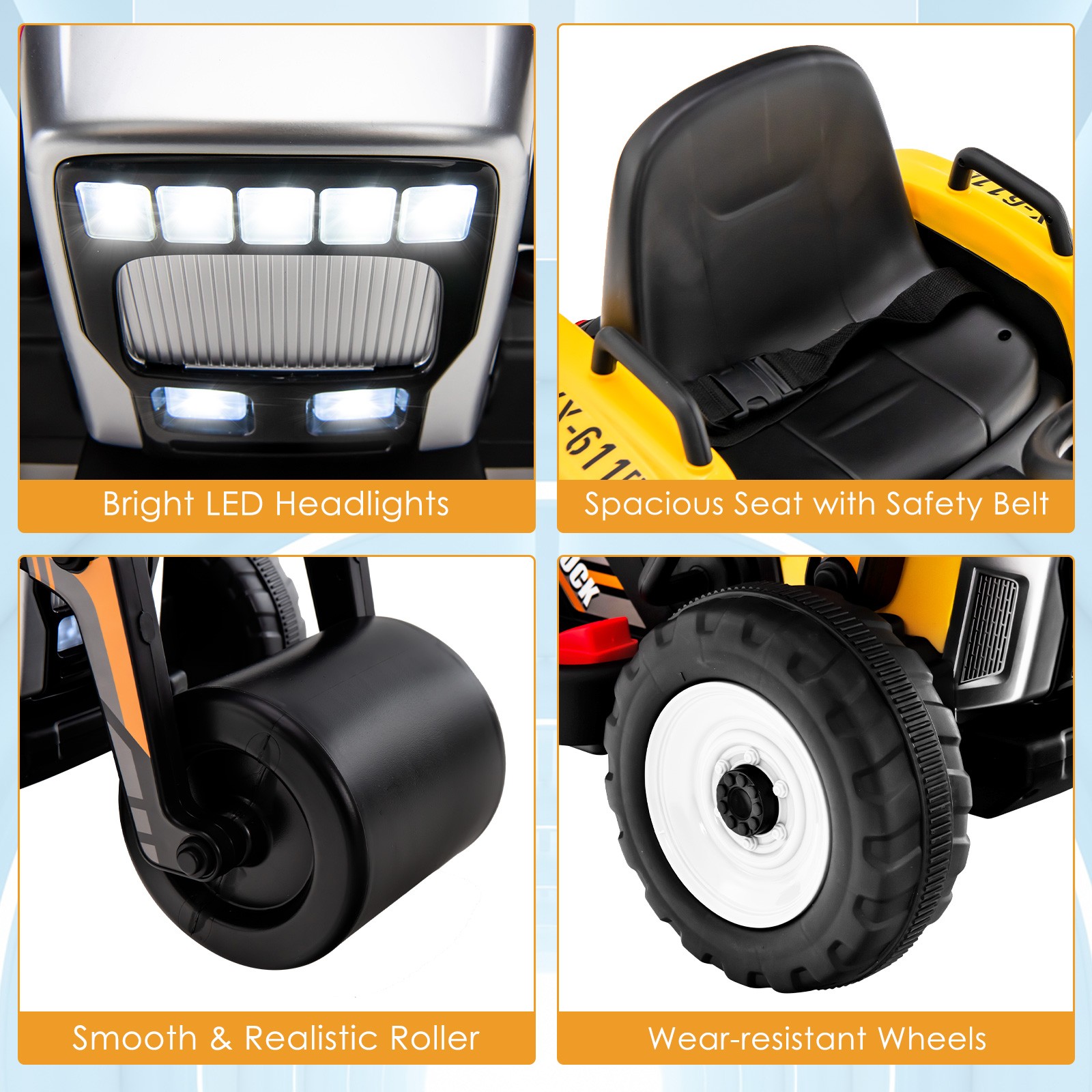 Kids Ride On Road Roller 12V Electric Tractor Remote w/ Music & LED Light Yellow