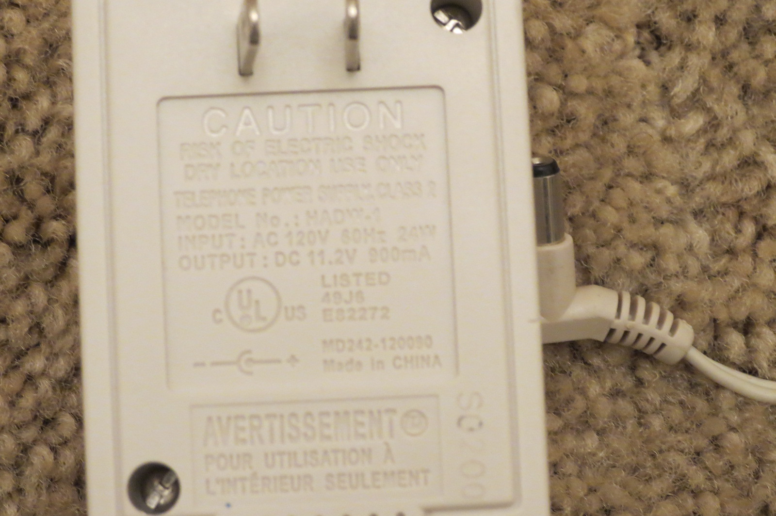 Telephone Power Supply Class 2 Model HADW-1 Output: 11.2V 900mA