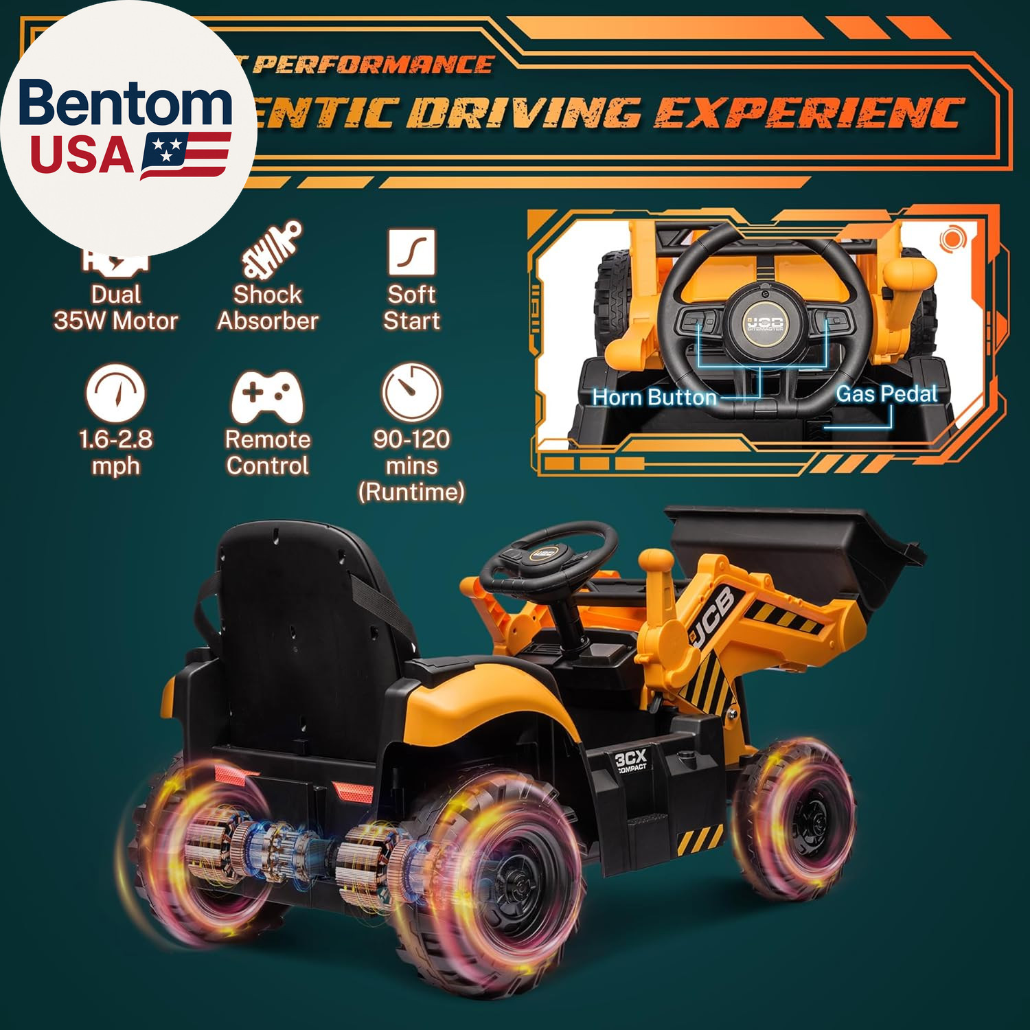 12V JCB Electric Backhoe Loader Toy Car for Kids, Battery Powered Ride on Constr