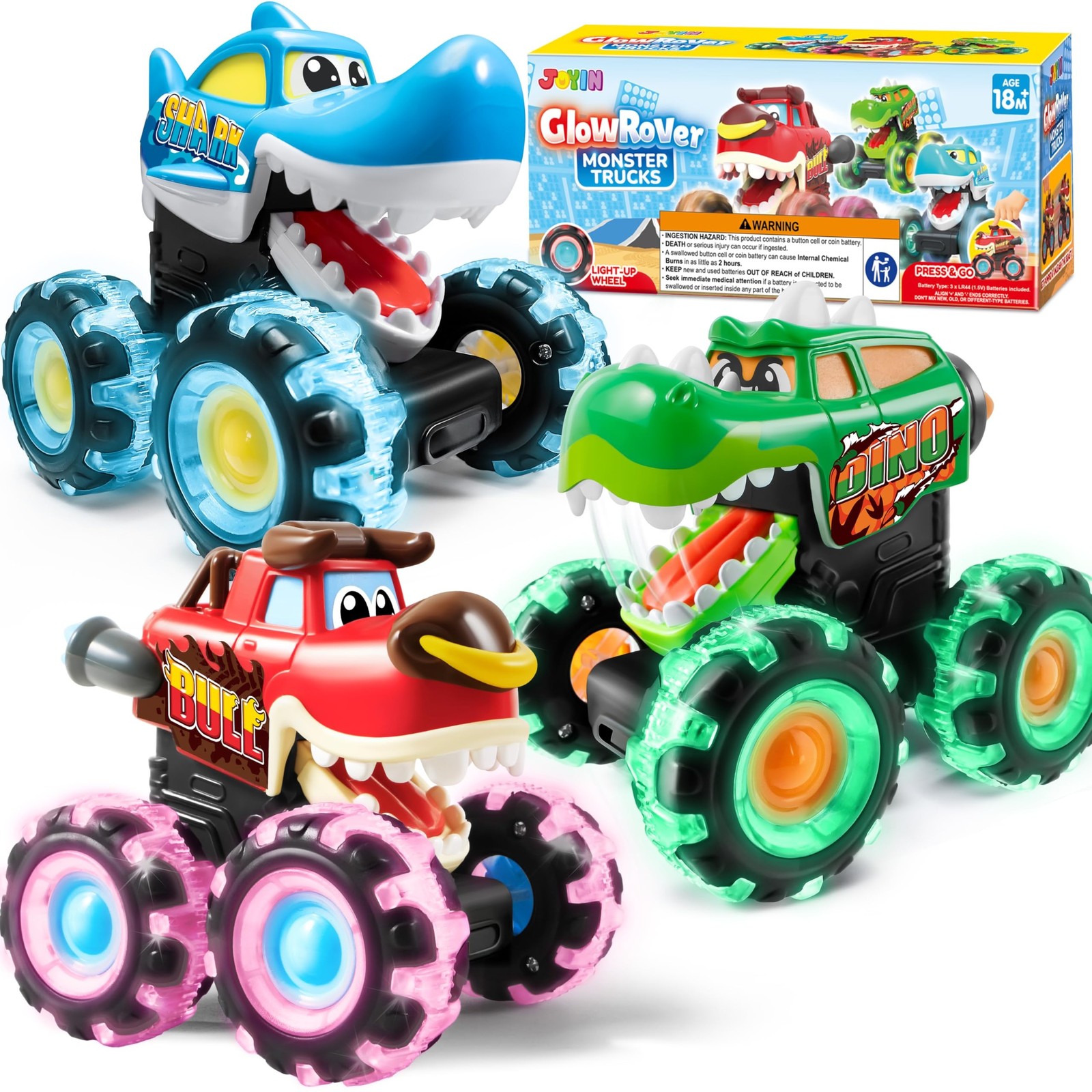 JOYIN 3 Pack Monster Truck Toy – Motion Activated Light Up Cars for Toddlers …