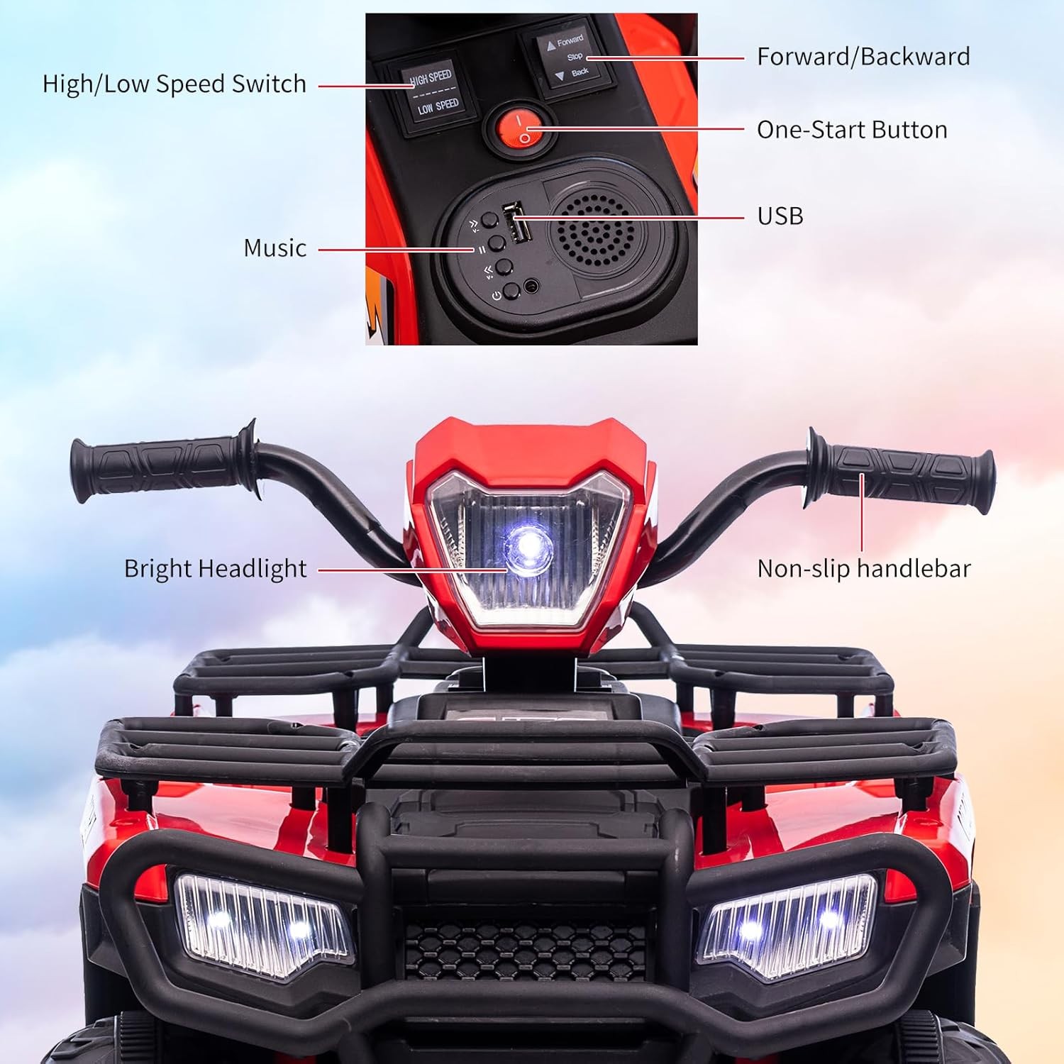 12V Kids Ride-On ATV Electric Vehicle for Toddlers 2 Speed LED Lights Music USB