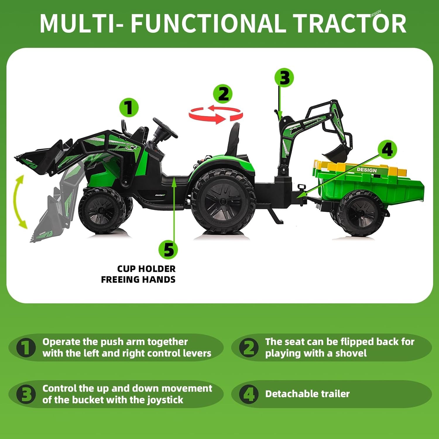 3in1 Kids 24V Ride On Tractor Excavator Electric w/Trailer Digger Remote Control