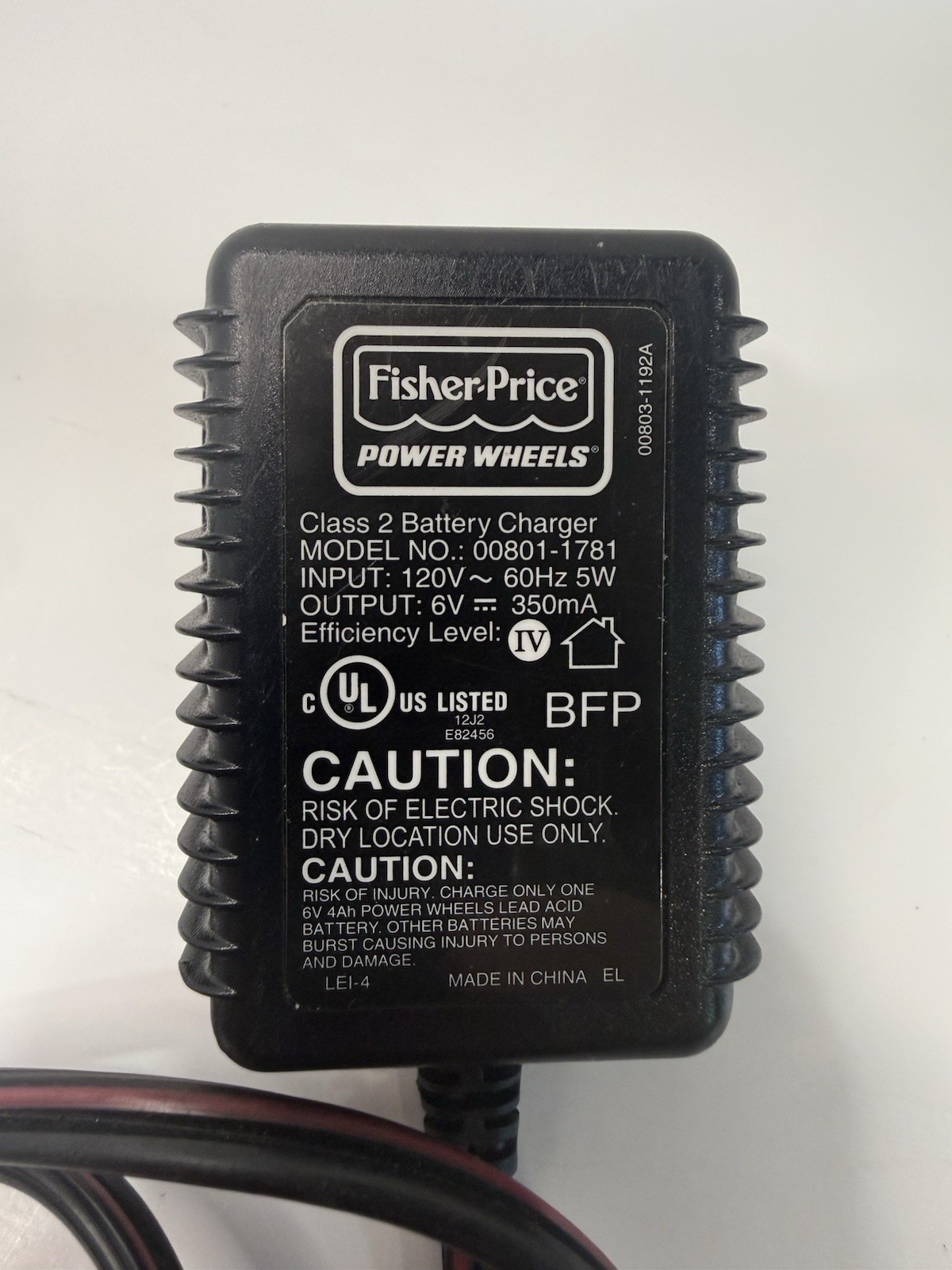 Fisher Price Power Wheels 6V Class 2 Battery Charger Wall Plug 00801-1781