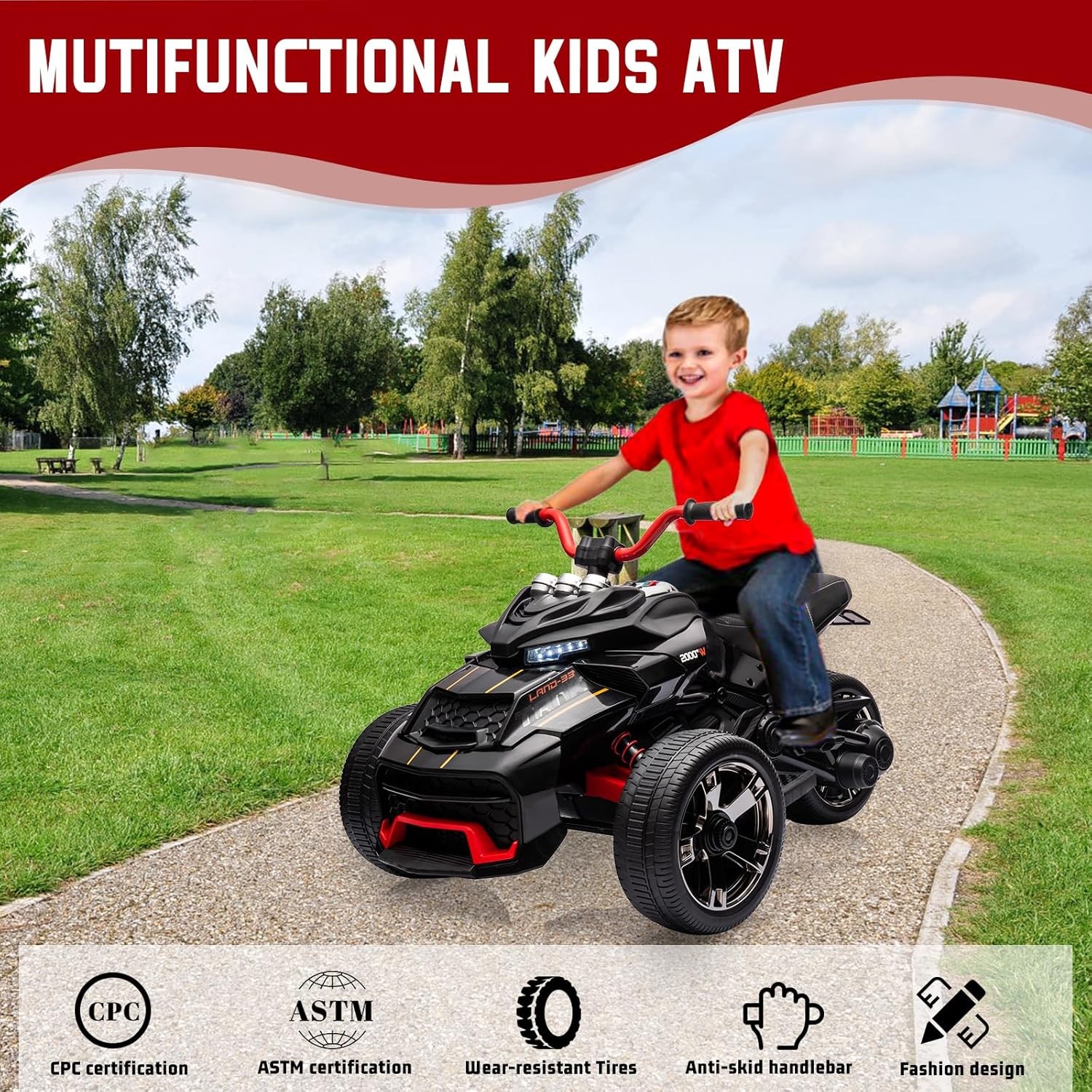 12V Ride-On ATV for Kids w/ Dual 55W Motors, Suspension, USB, Music & Lights