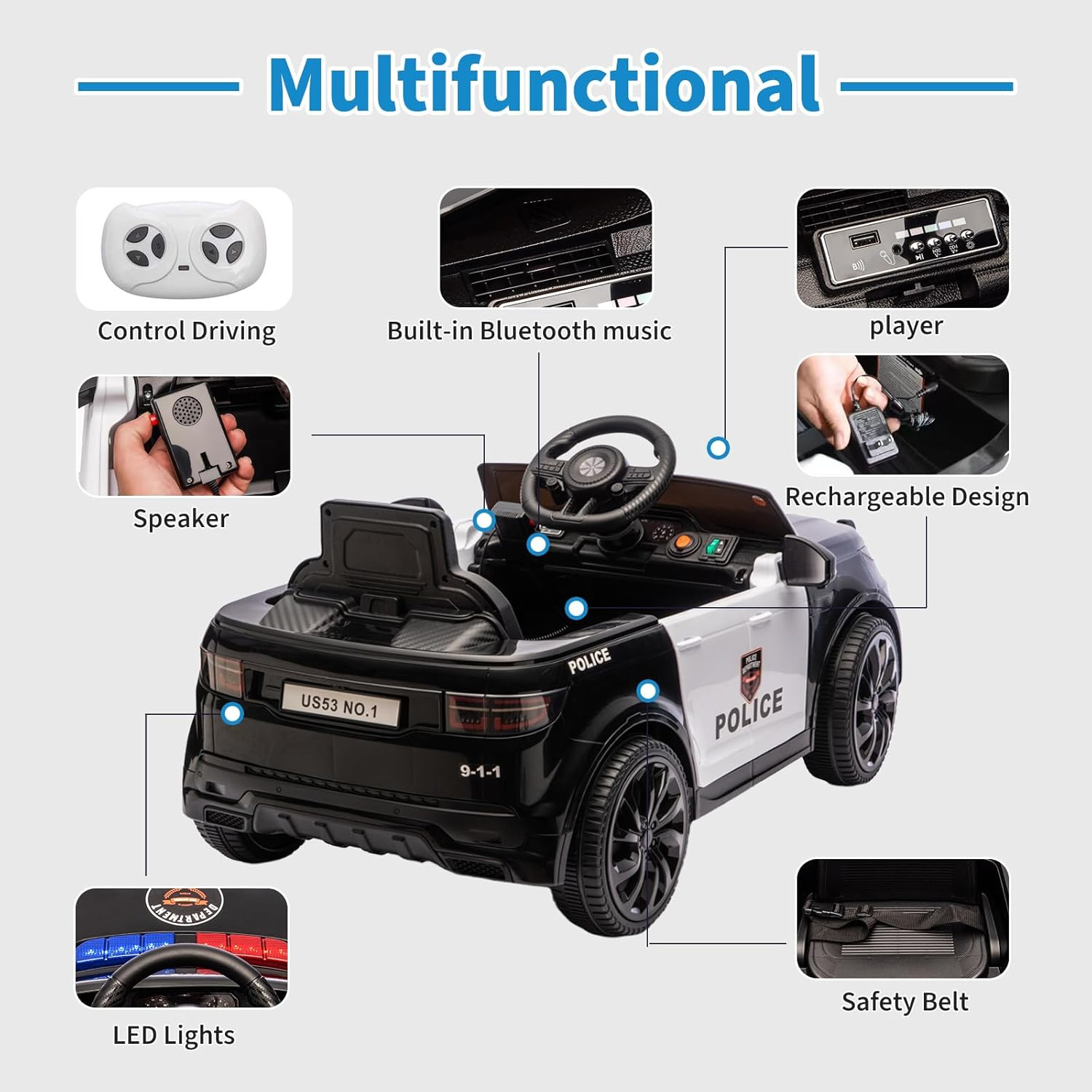 12V 4.5Ah Kids Electric Police Car Ride on with Remote Control, LED Flashing Lig