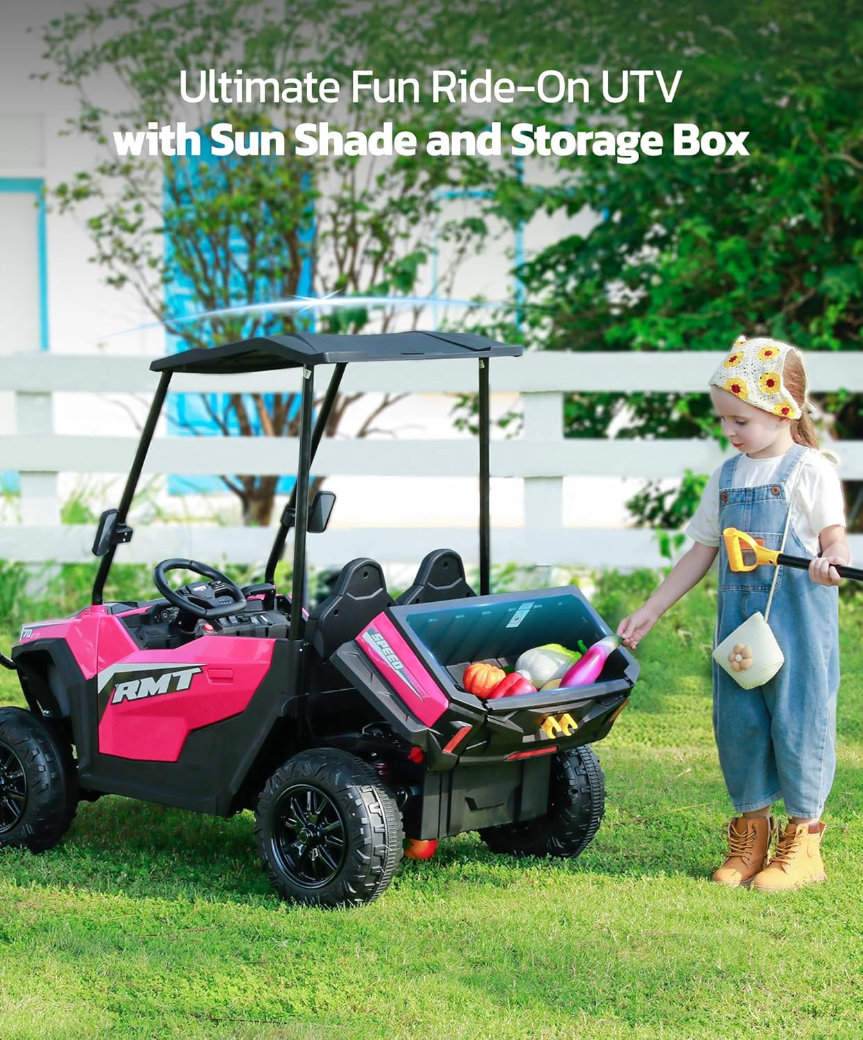 24V Ride on Toy for Big Kid,Ride on Car 2 Seater W/Sun Shade,Dump Bed & Shovel,4
