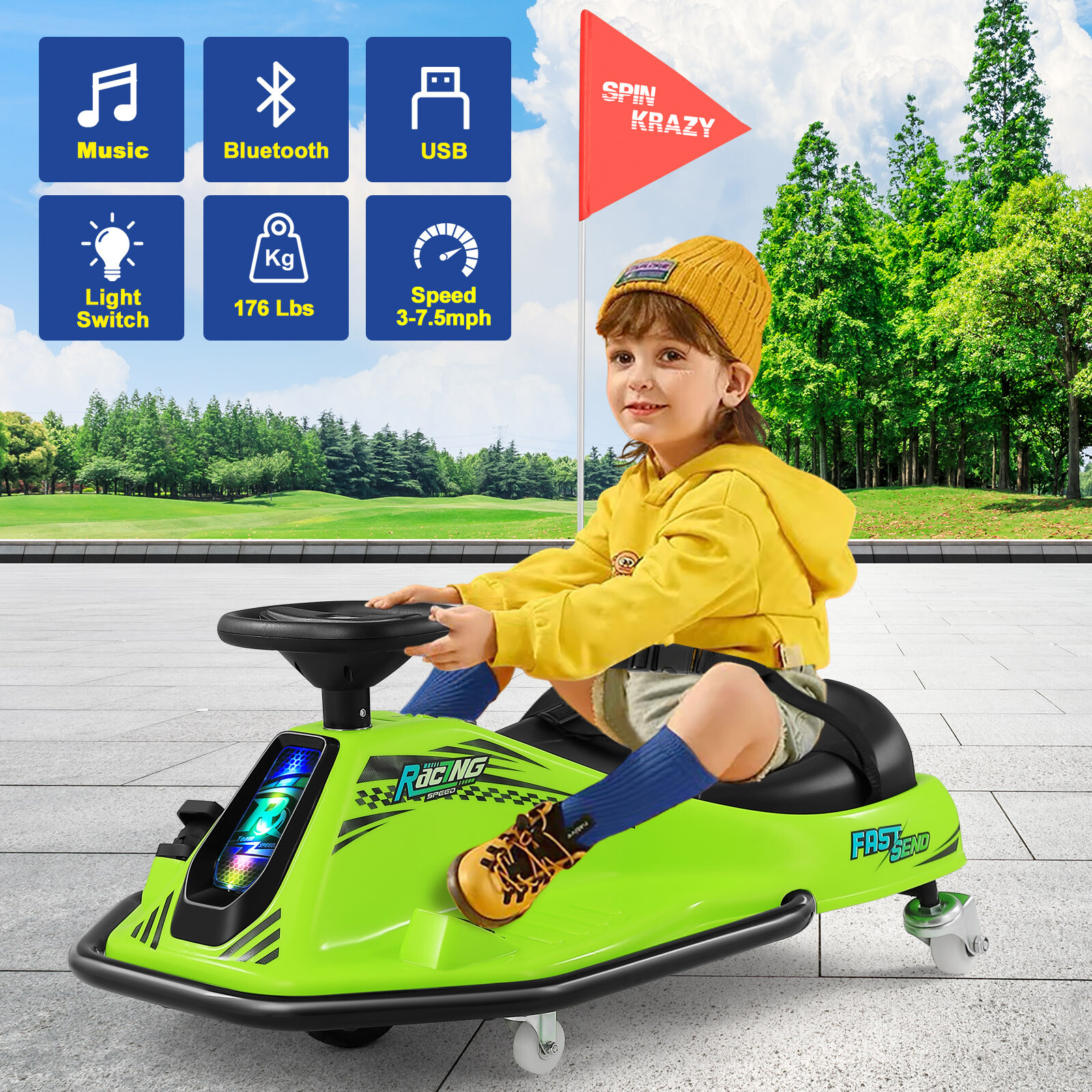 24V Kids Electric Drifting Go Kart 360° Ride On Cart with Bluetooth (Green)