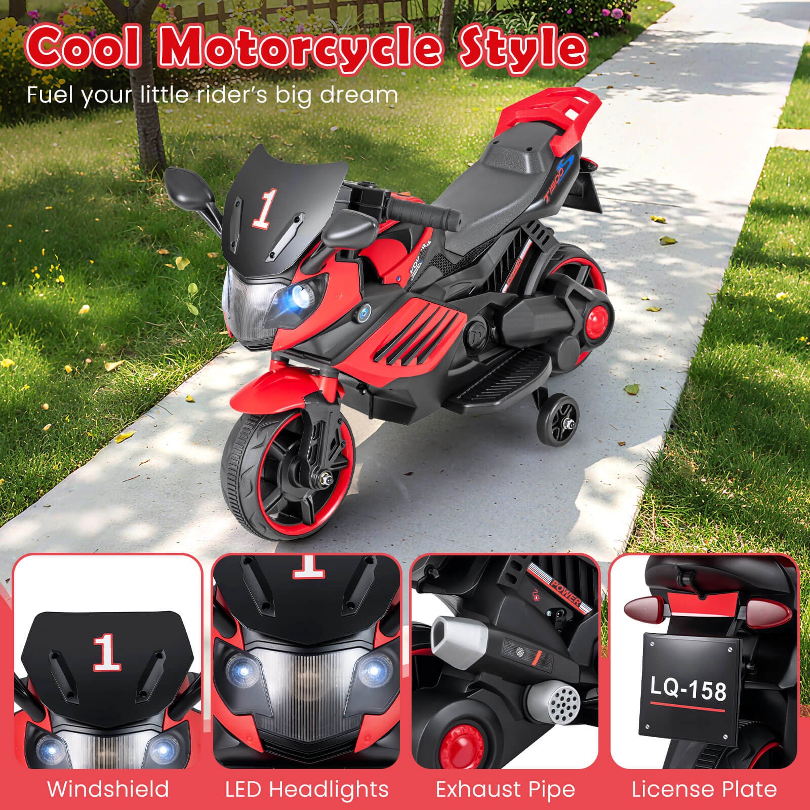 6V Kids Motorcycle w/Music, Horn, Detachable Training Wheels & LED Headlights