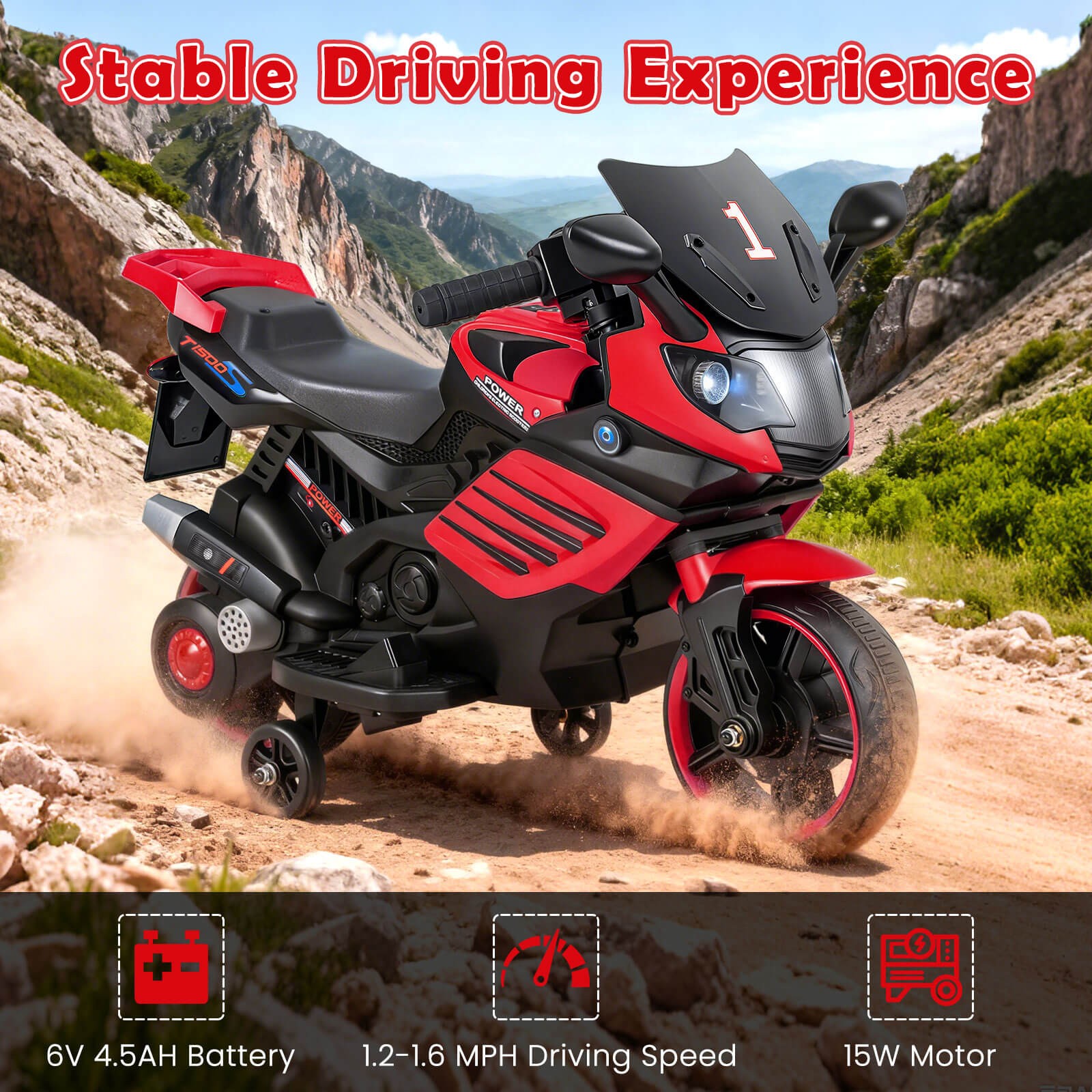 6V Kids Motorcycle w/Music, Horn, Detachable Training Wheels & LED Headlights